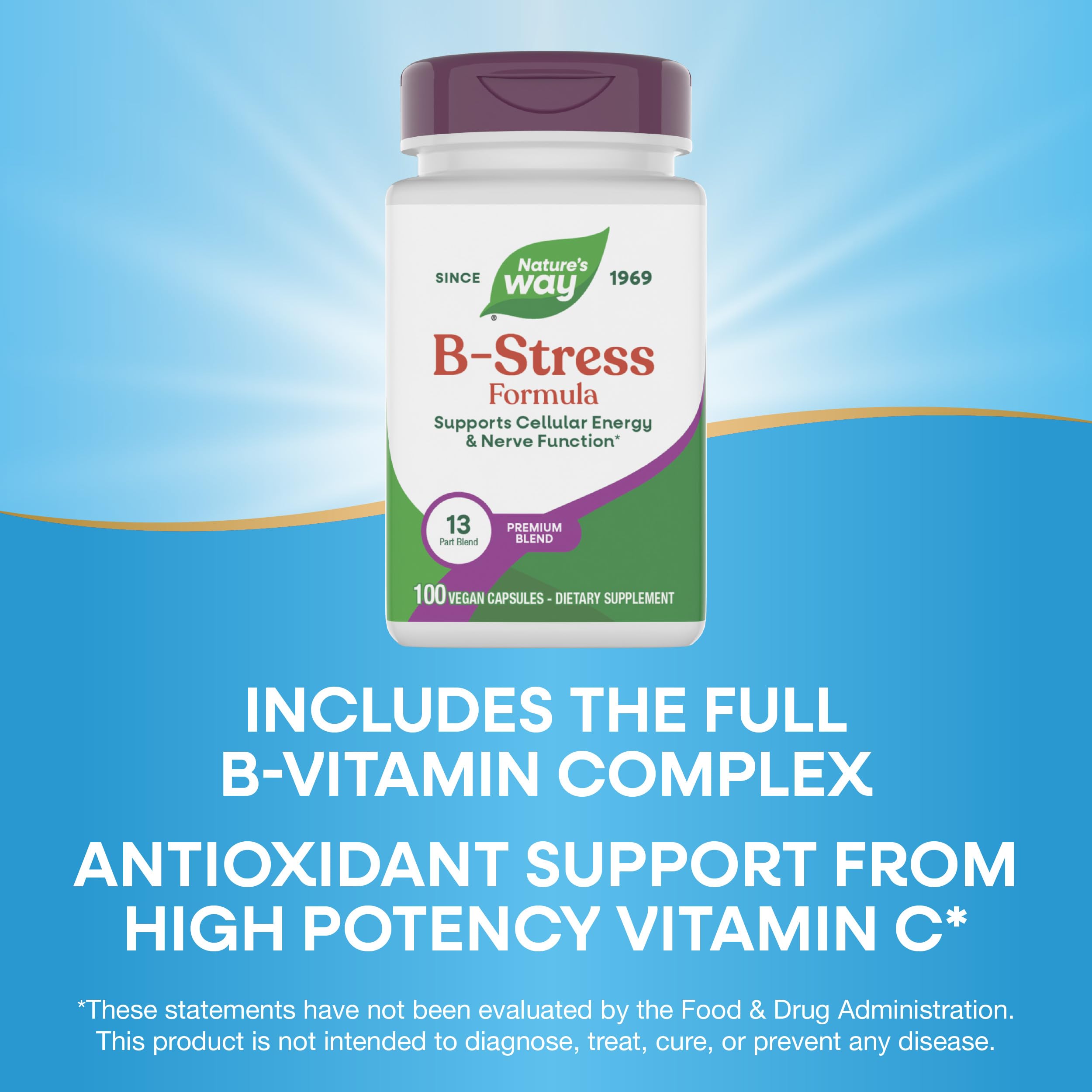 Nature's Way B-Stress Formula, frasco visto de cerca, énfasis en envase reciclado.