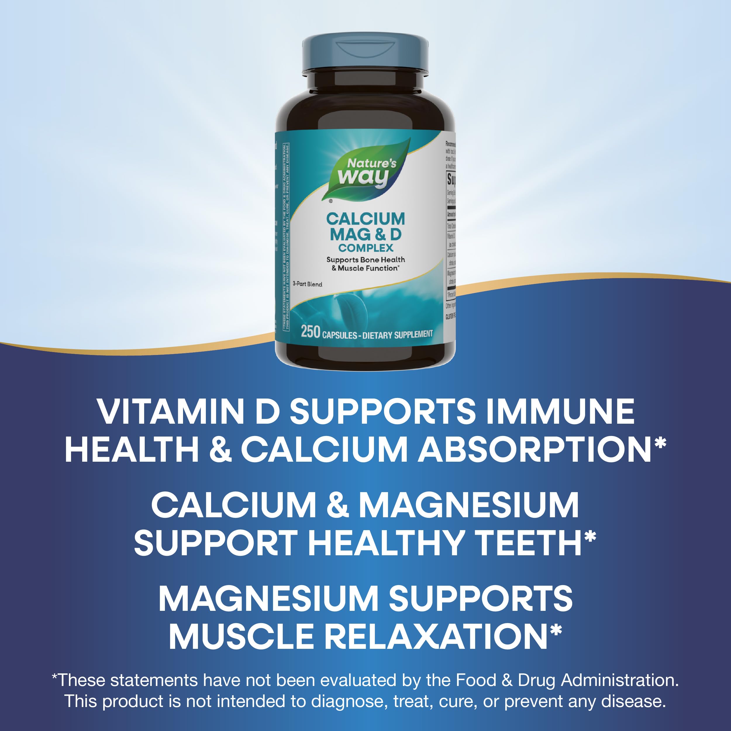 Nature's Way Calcium Mag & D3, etiqueta legible, favorece salud ósea y muscular