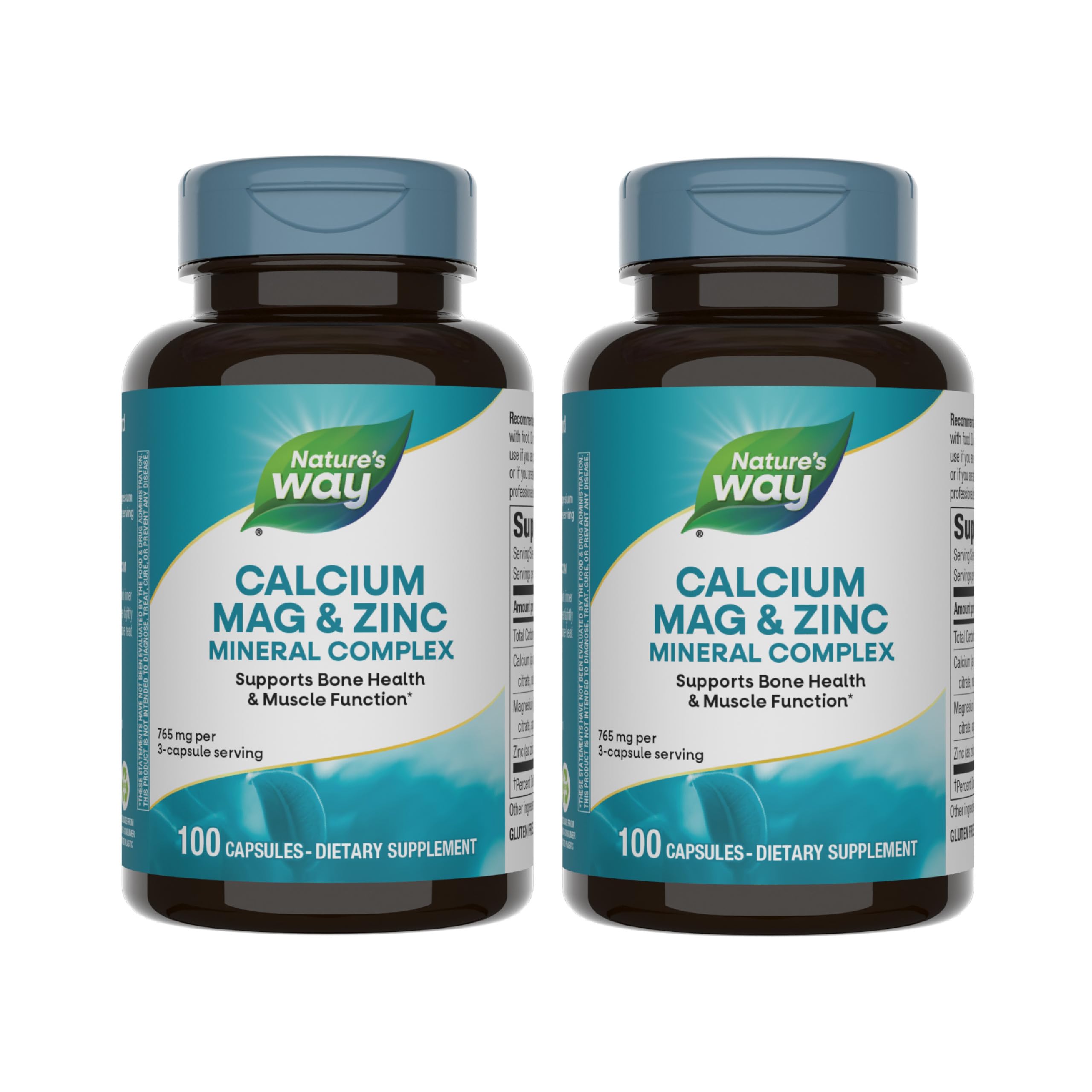Nature's Way Calcium Magnesium Zinc, botella frontal, soporte óseo y función muscular