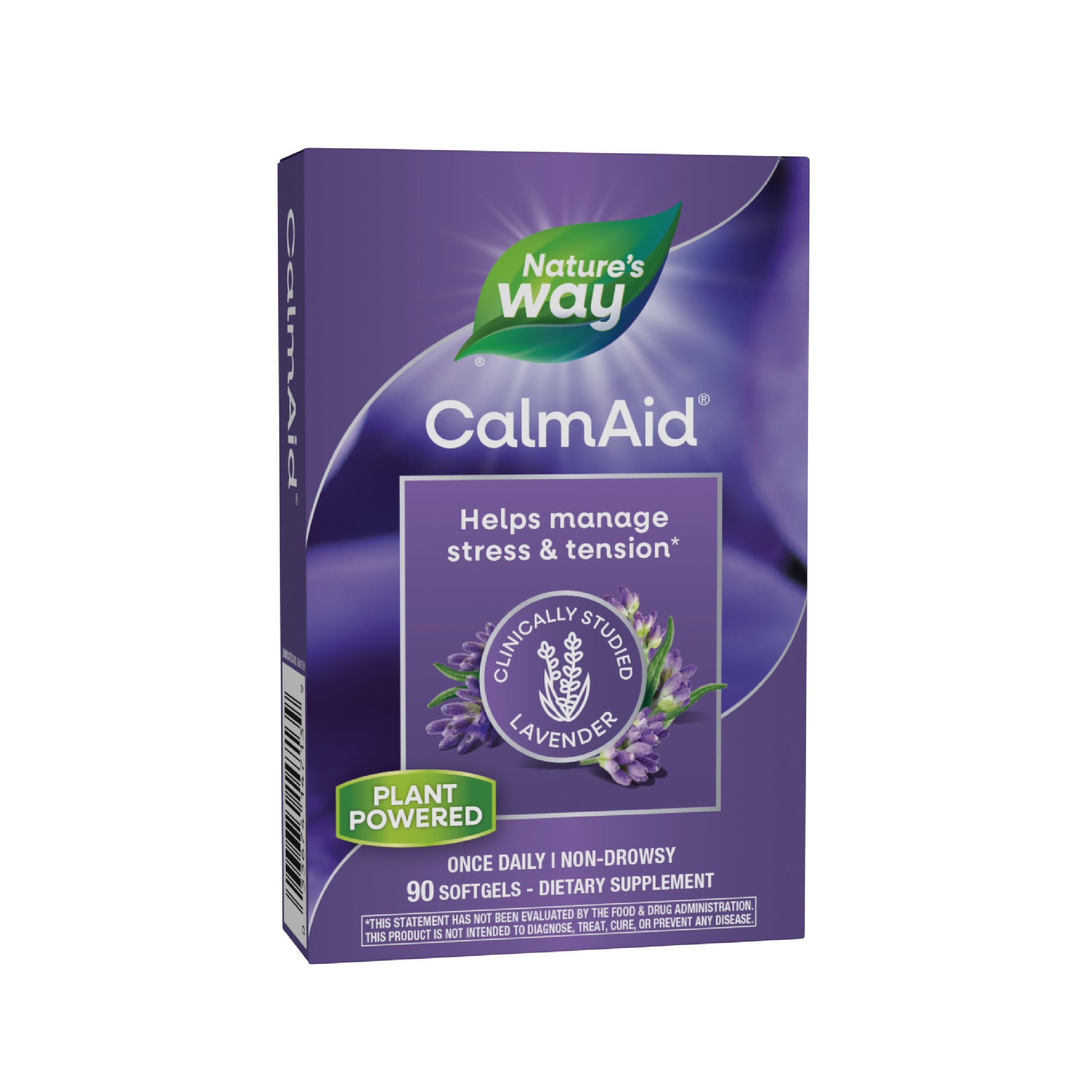 Nature's Way CalmAid Lavanda en frasco para relajación diaria.