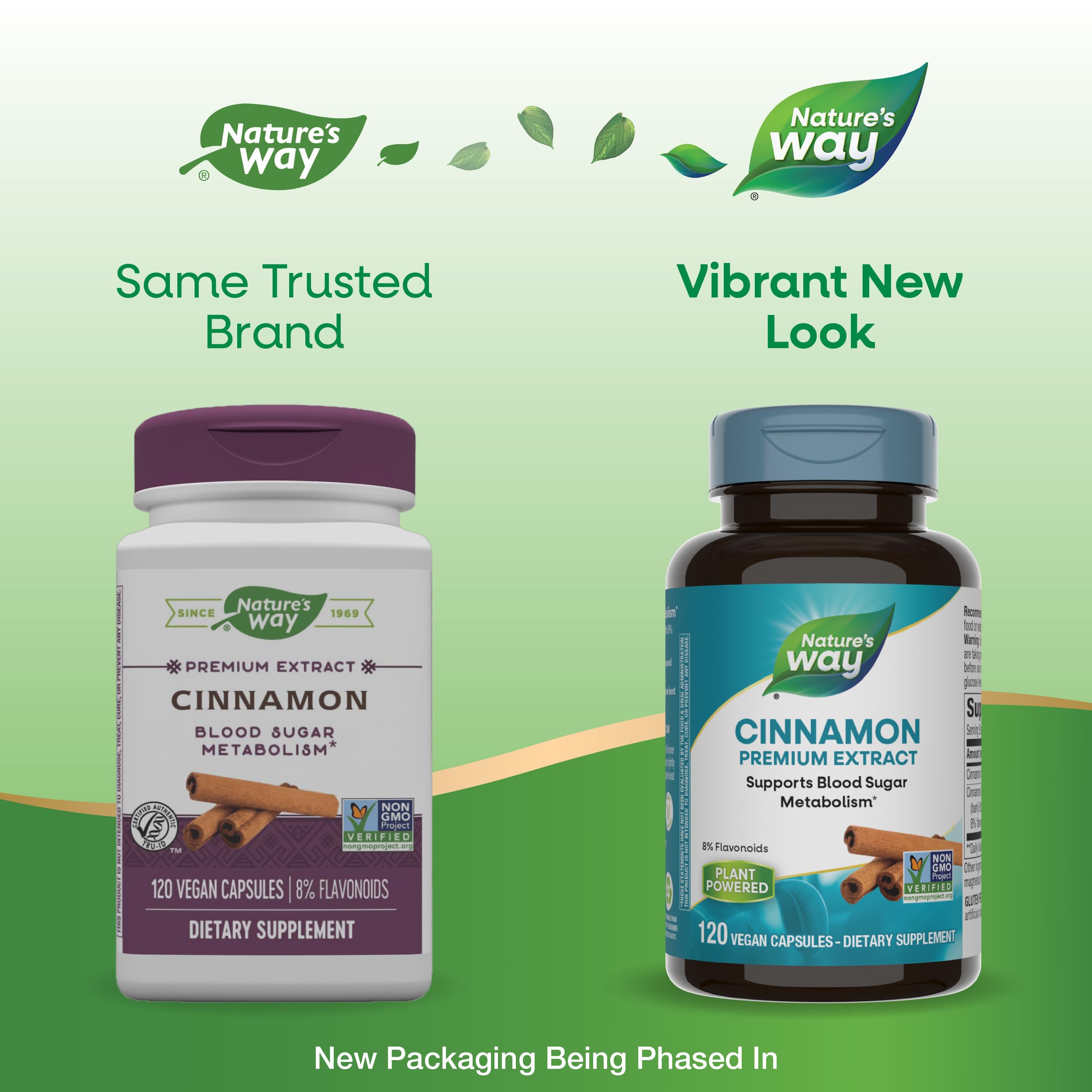 Nature's Way Cinnamon Premium Extract, etiqueta destacando el contenido de flavonoides.