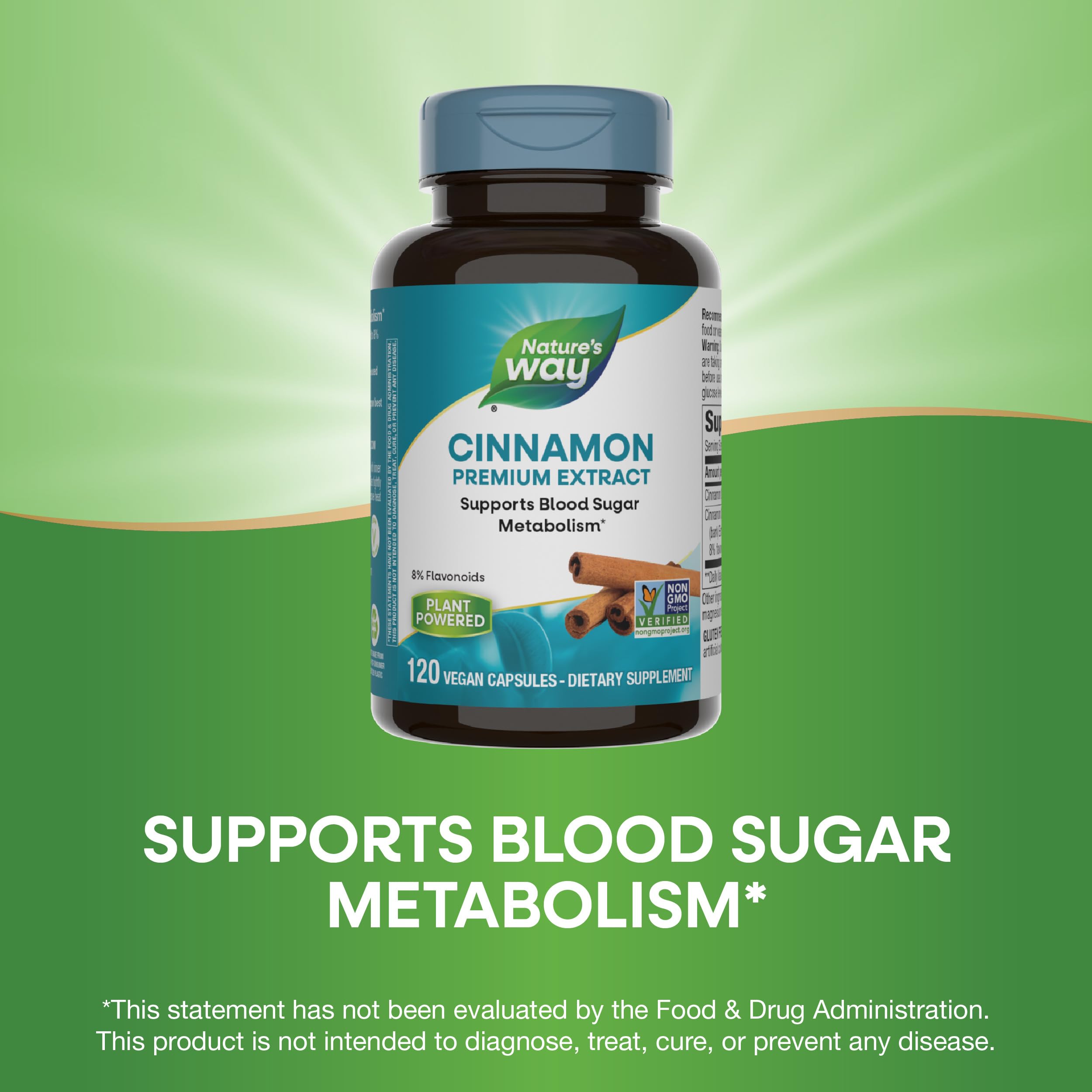 Nature's Way Cinnamon Premium Extract, cápsulas listas para verter con comida.