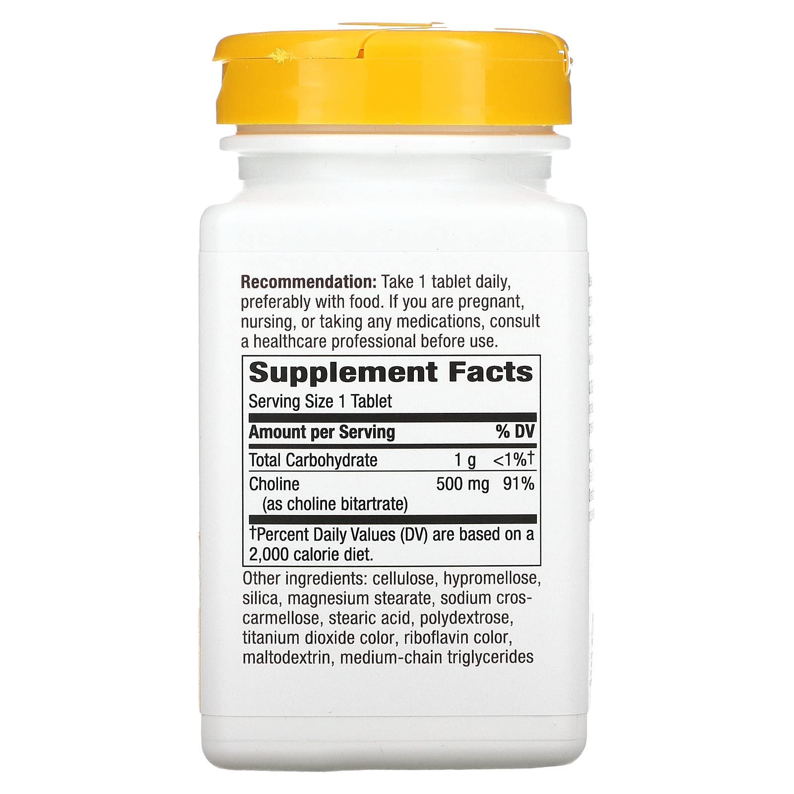 Nature's Way Colina 500 mg, primer plano de tabletas, uso diario recomendado