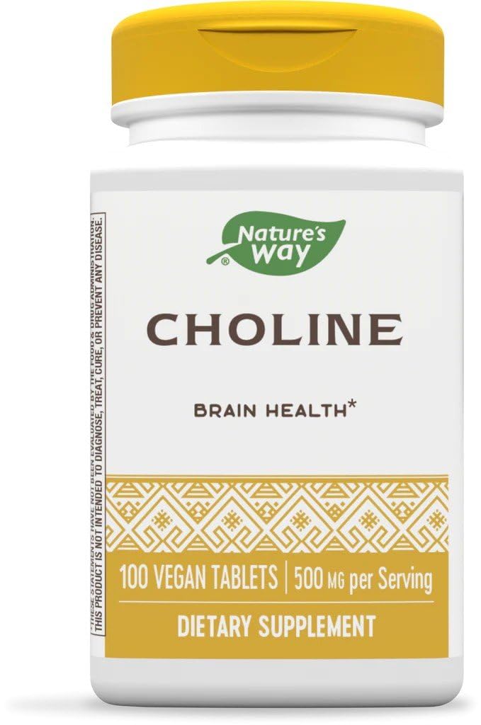Nature's Way Colina 500 mg, botella frontal, posible soporte a funciones normales del cerebro.