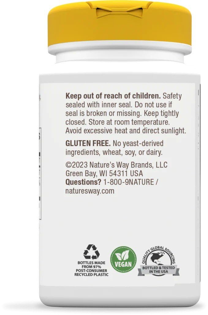 Nature's Way Colina 500 mg, etiqueta cercana, fórmula vegetariana y libre de gluten.