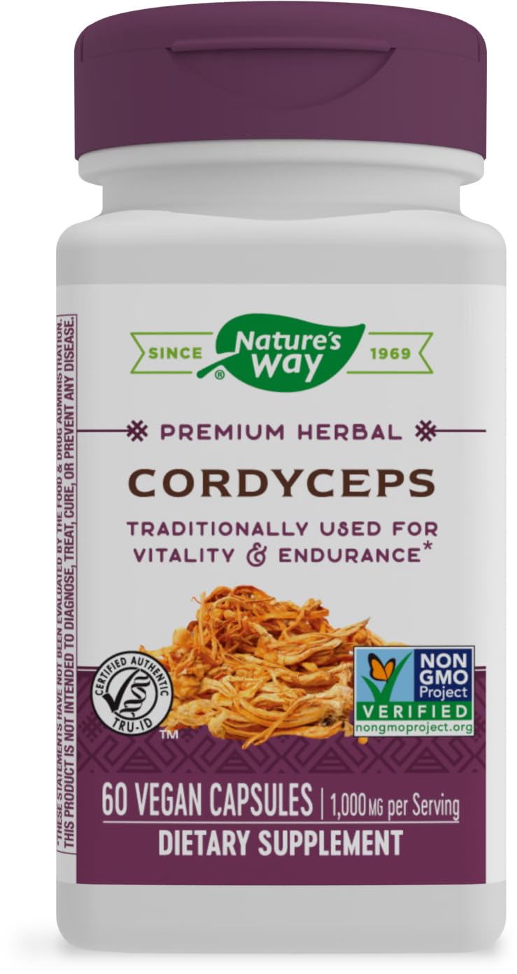 Nature's Way Cordyceps, botella visible, apoyo diario a la vitalidad.