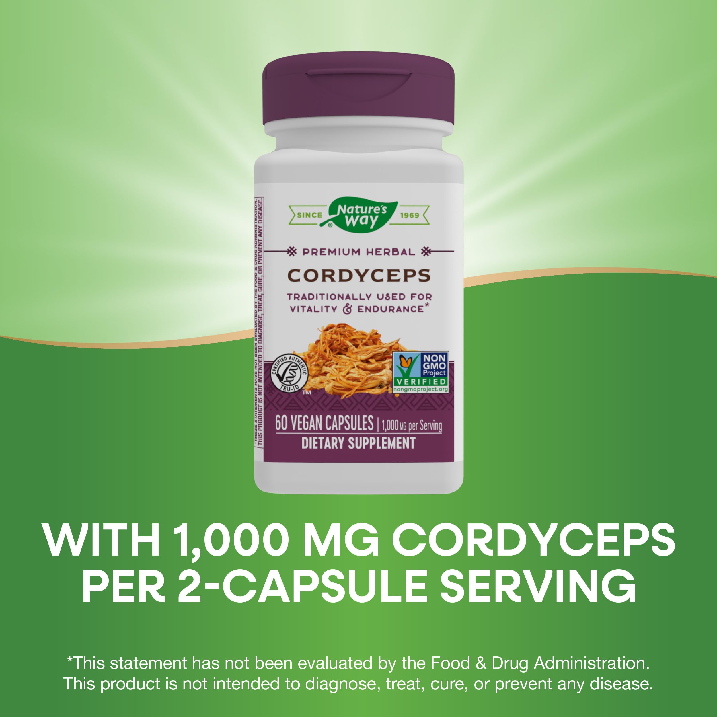 Nature's Way Cordyceps, etiqueta clara, garantía de calidad y origen estadounidense.