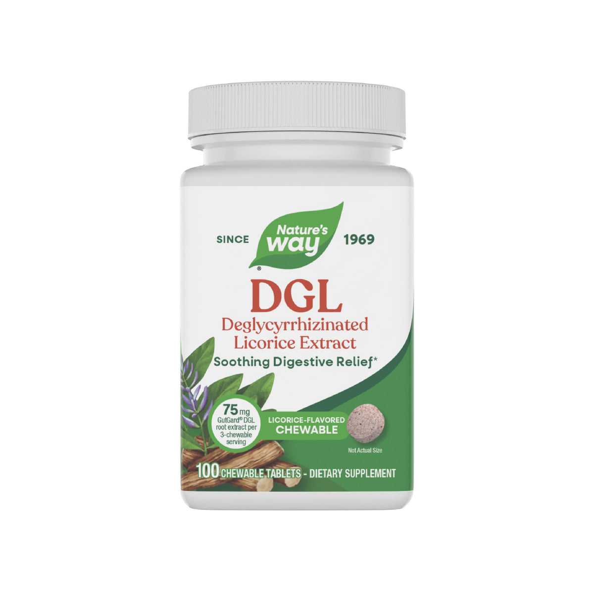 Nature's Way DGL, frente del paquete, tabletas masticables para apoyo digestivo ocasional.