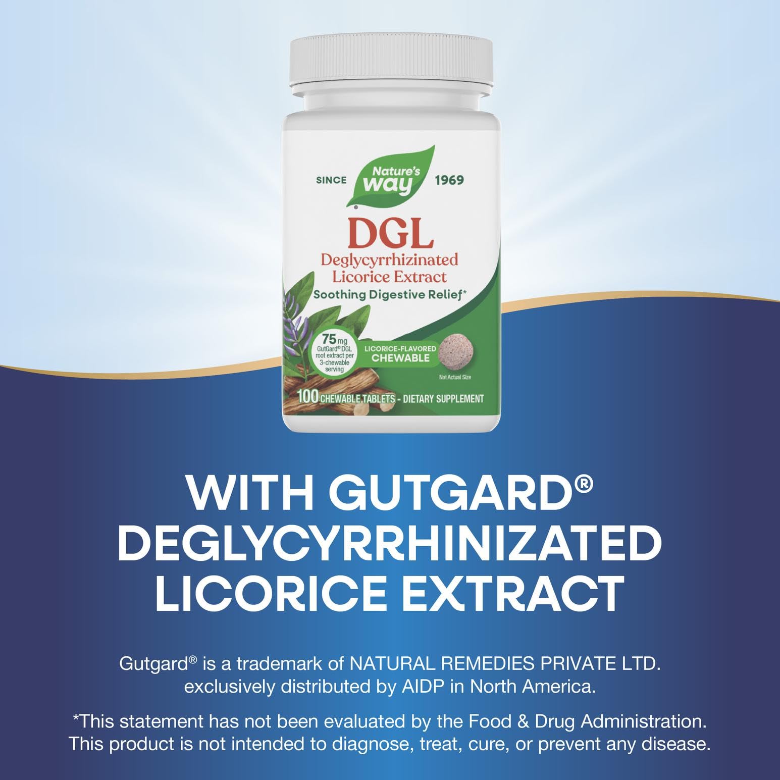 Nature's Way DGL, lista de ingredientes destacando sin gluten y vegano.