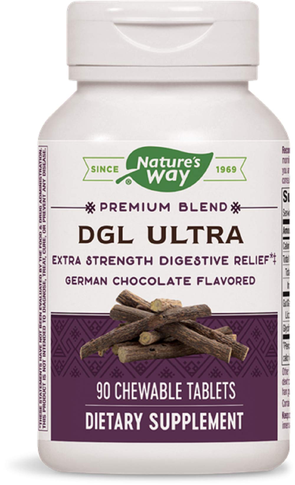 Natures Way DGL Ultra 10 tabletas sabor chocolate, potentes y fáciles de masticar para uso diario.