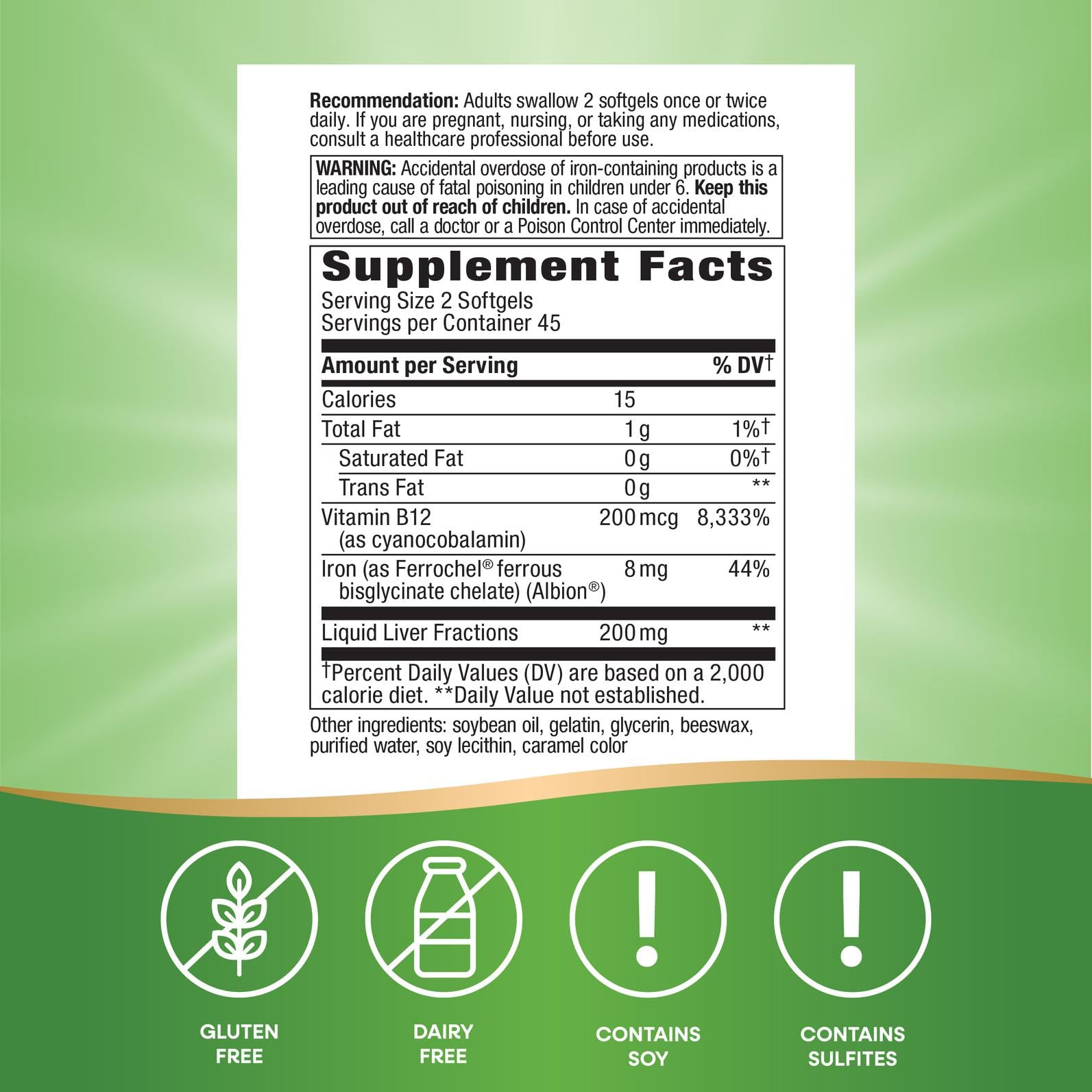 Etiqueta clara de Nature's Way Energizing Iron con información de ingredientes.