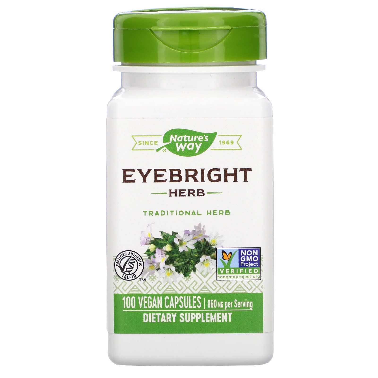 Nature's Way Eyebright cápsulas, botella visible en estante para uso diario