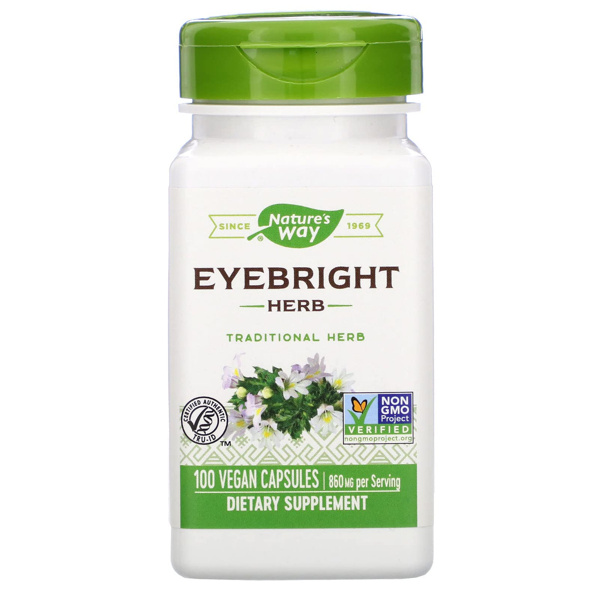 Nature's Way Eyebright cápsulas, botella visible en estante para uso diario