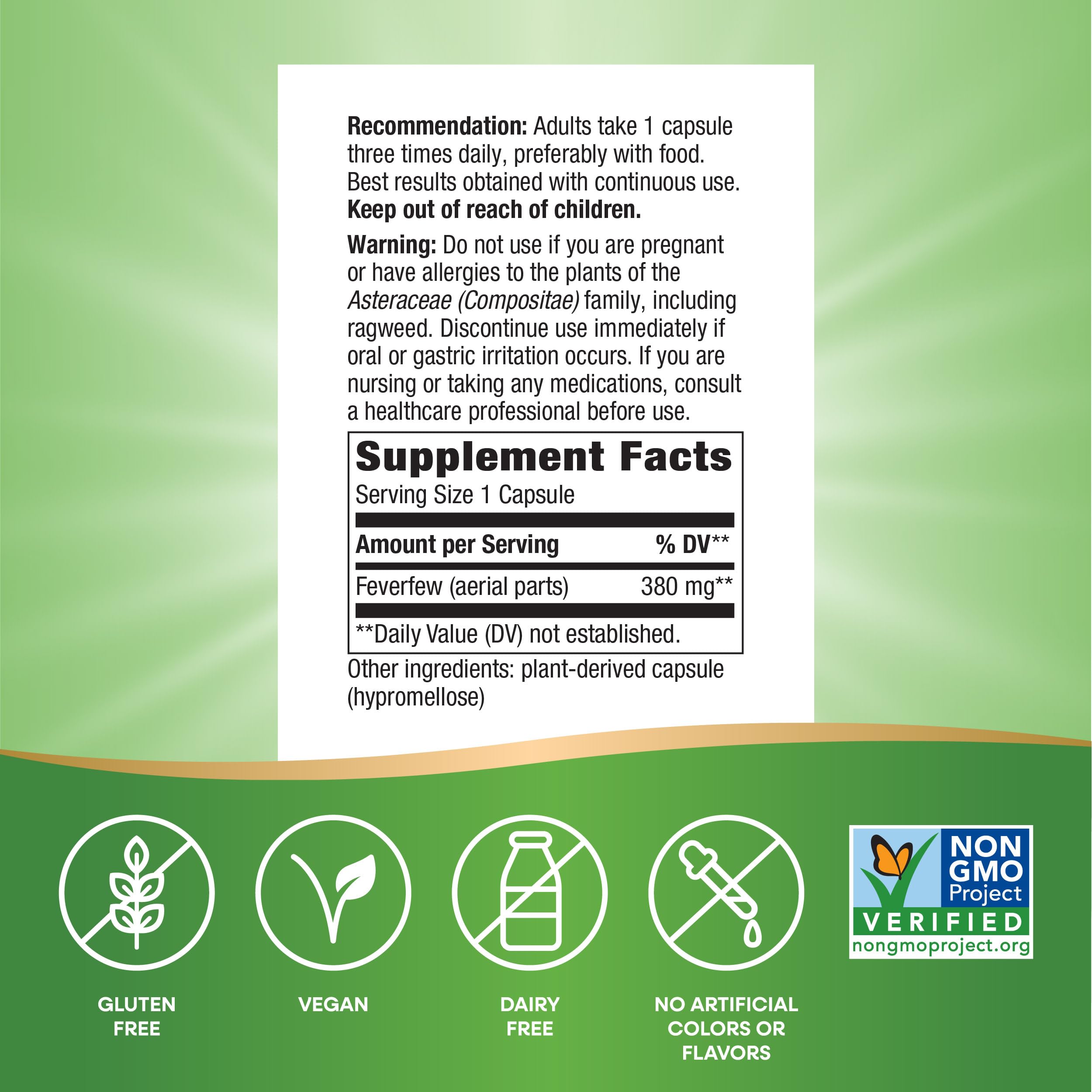 Dosis diaria de Feverfew: 380 mg en dos cápsulas