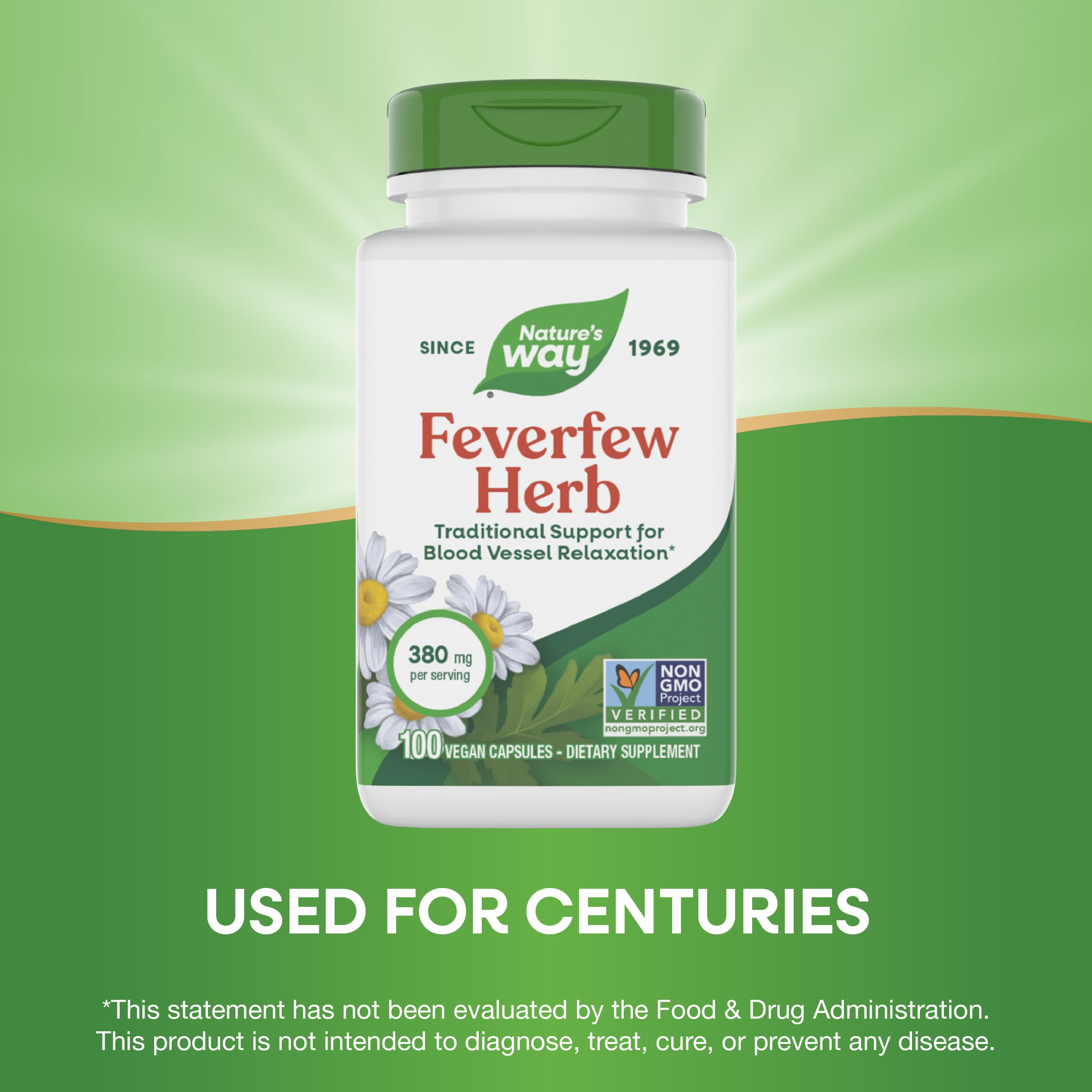 Presentación de Feverfew Nature's Way con 2 cápsulas por porción