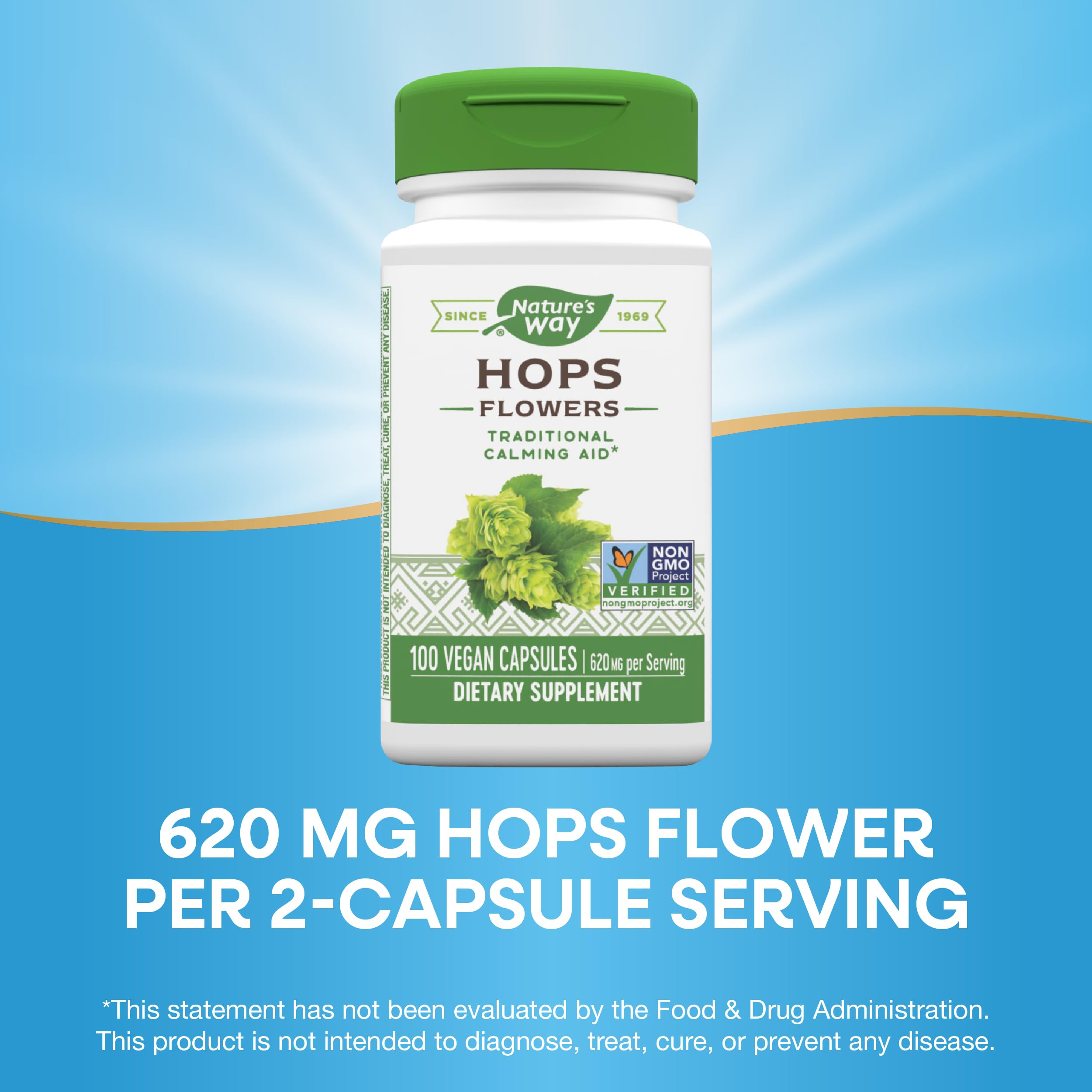 Nature's Way Flores de lúpulo, etiqueta clara para verificar vegano y sin gluten.