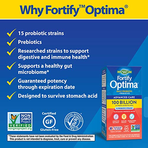 Nature's Way Fortify Optima, cápsulas sobre fondo neutro, 15 cepas para equilibrio intestinal