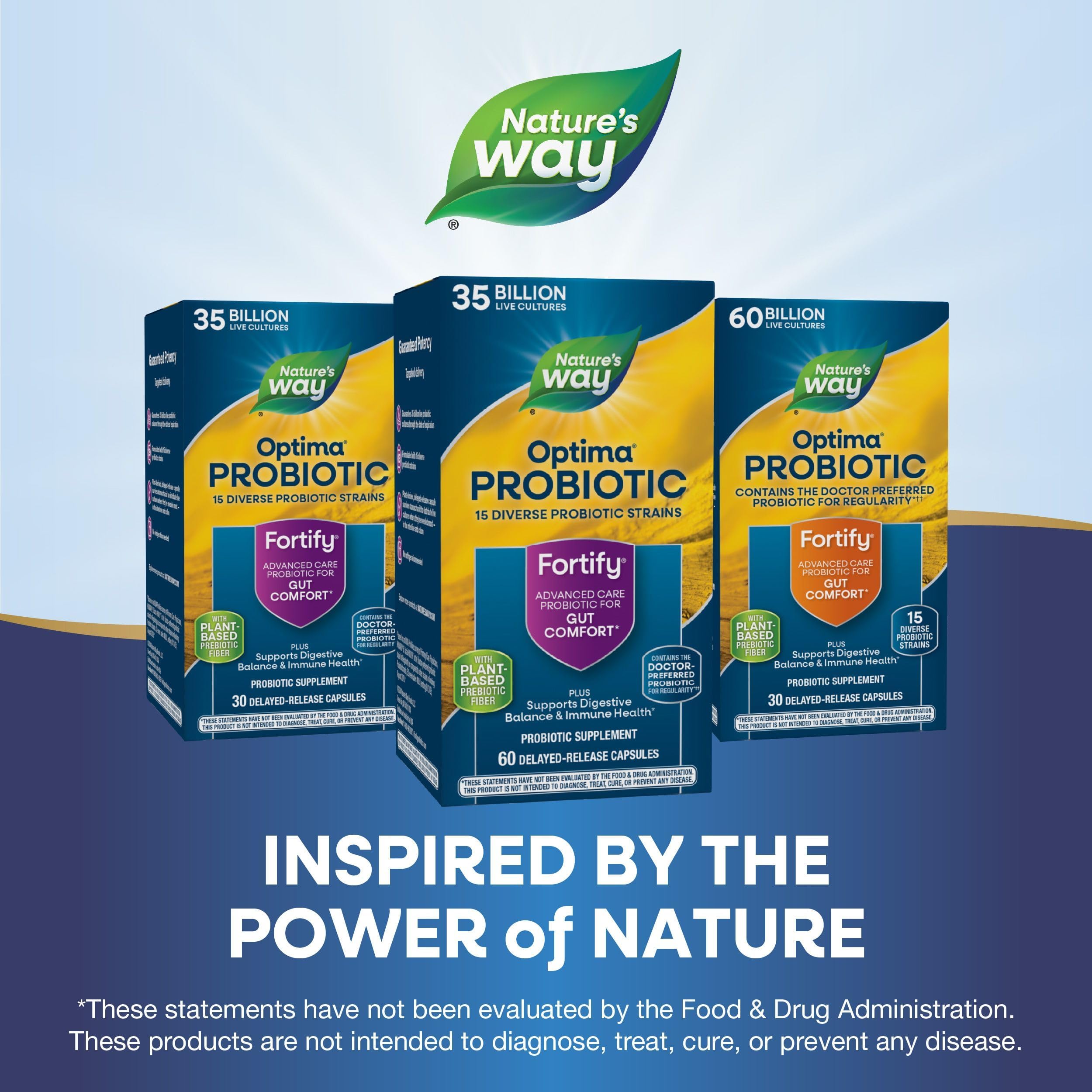 Nature's Way Fortify Optima Probiotic: uso diario para apoyar comodidad digestiva y bienestar.