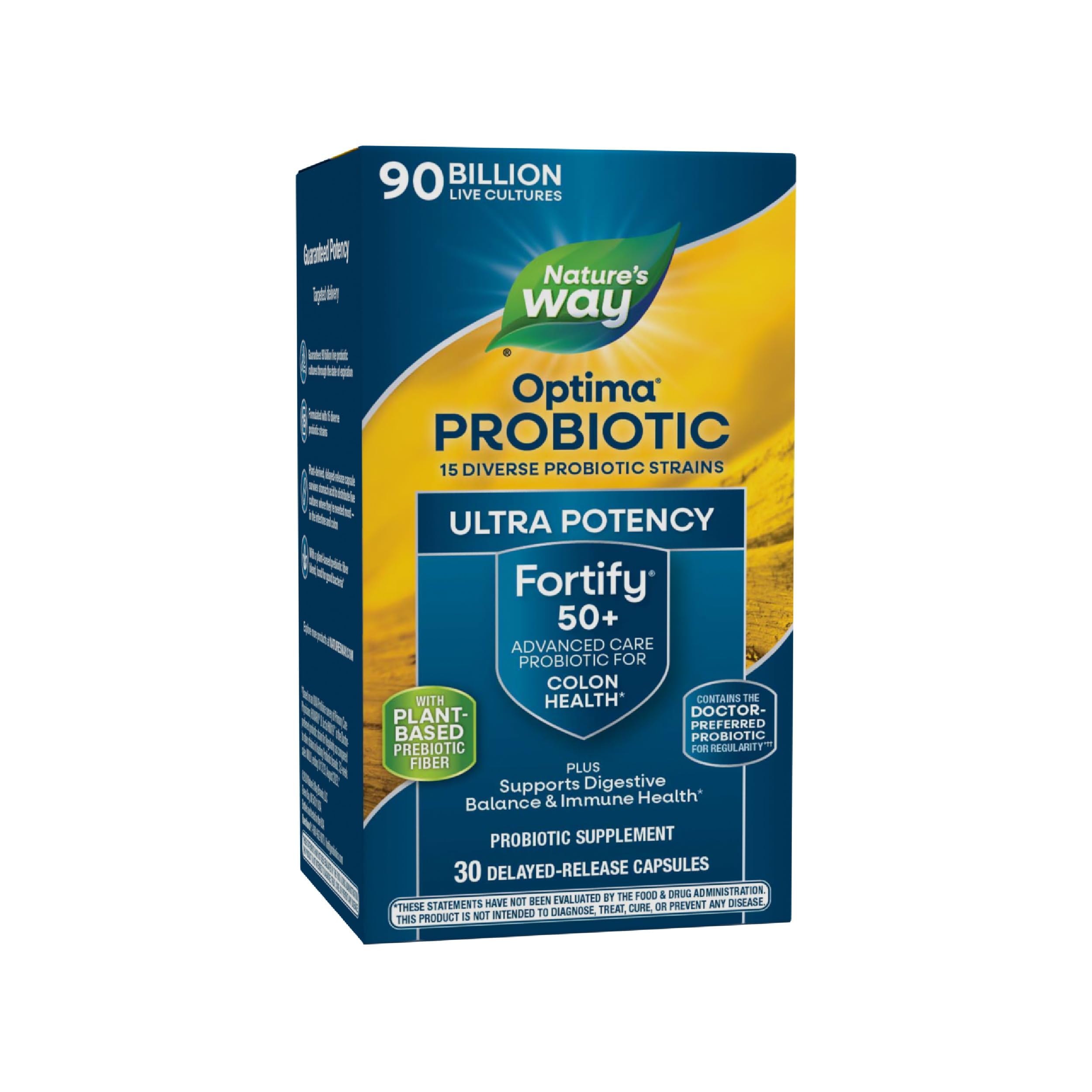 Nature's Way Fortify Optima Probiótico, frasco de 30 cápsulas para adultos 50+, apoyo intestinal diario.