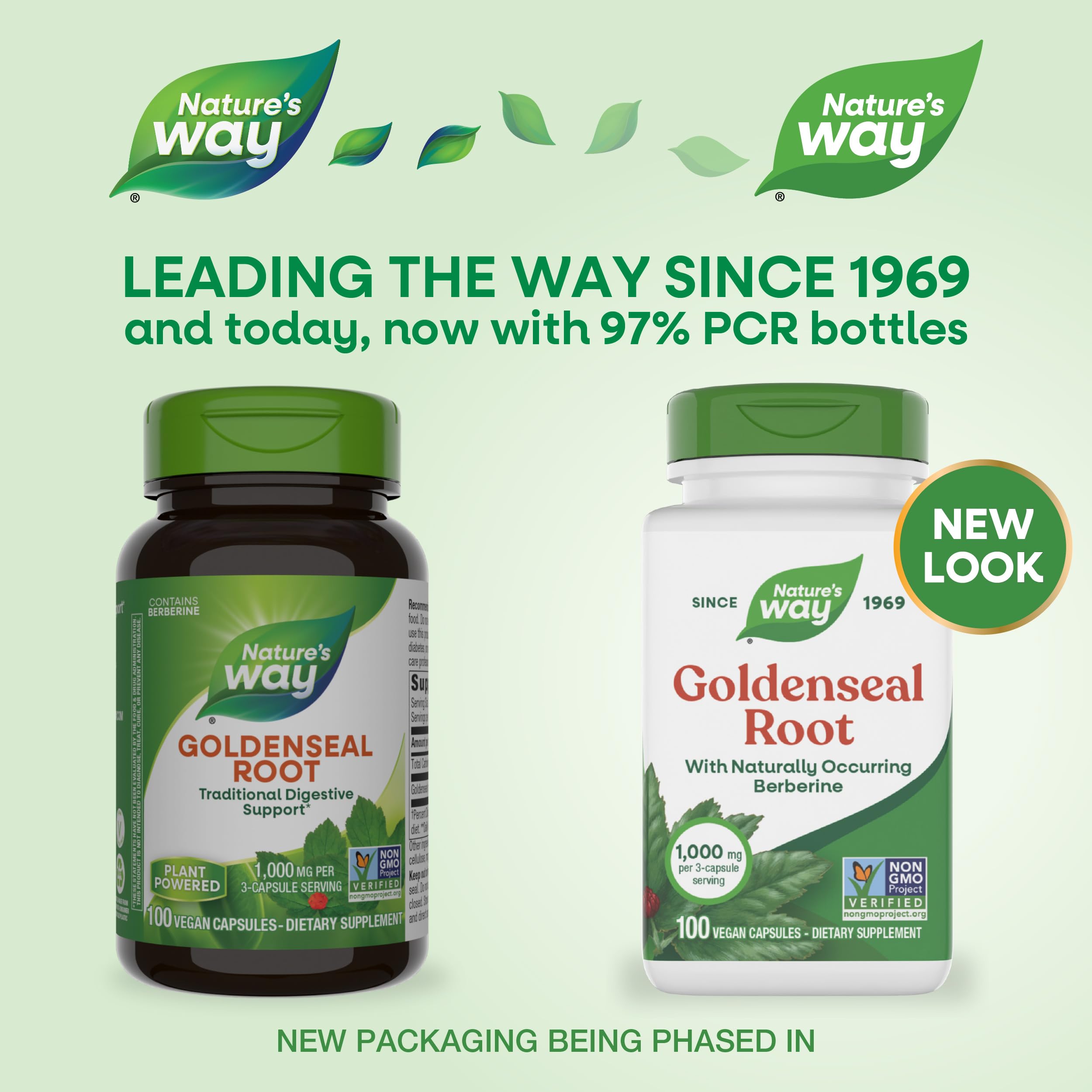 Envase de Goldenseal Nature's Way con cápsulas veganas para apoyo digestivo