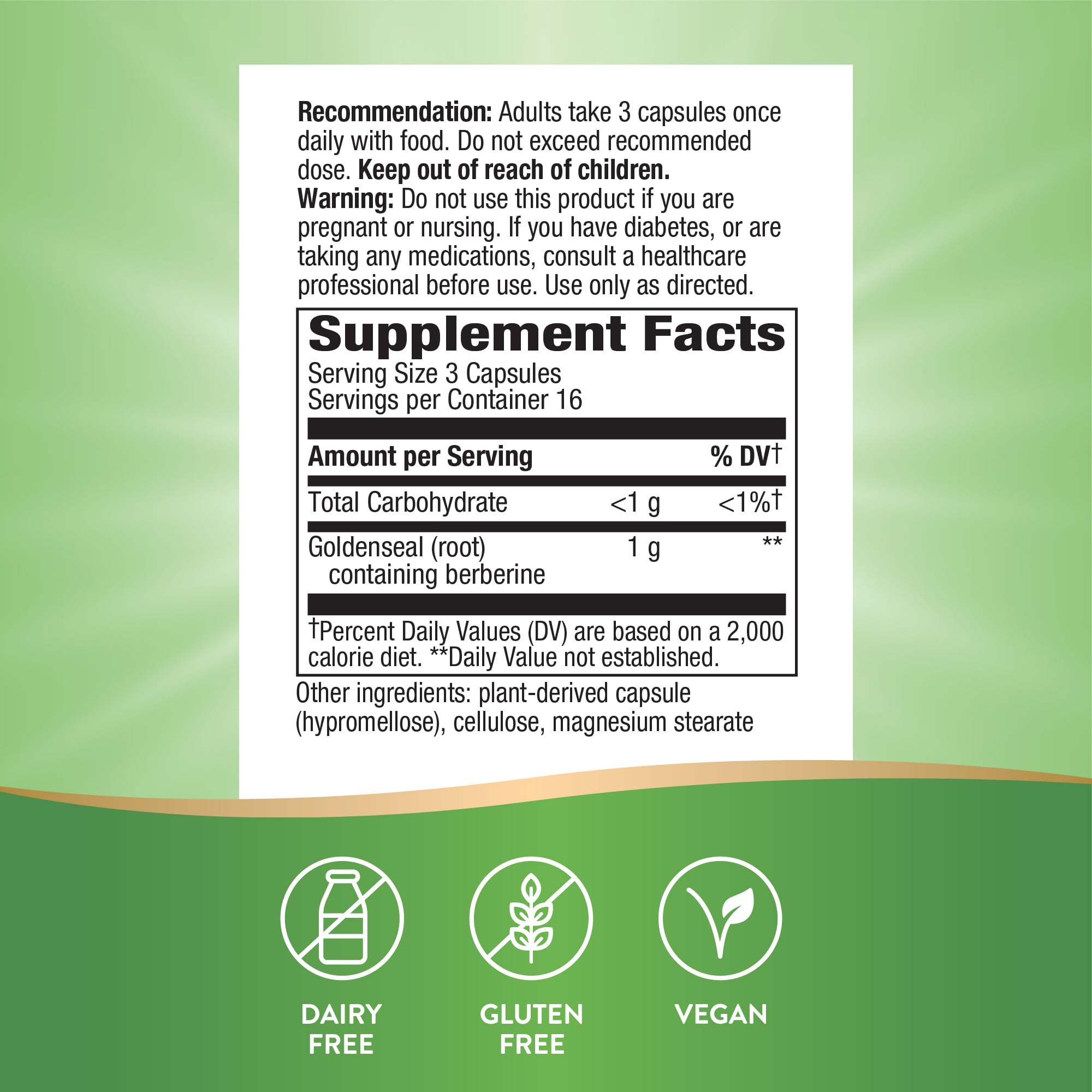 Nature's Way Goldenseal frasco, cultivo y control de calidad.