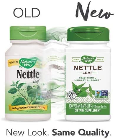 Nature's Way hoja de ortiga 435 mg etiqueta: certificaciones visibles y origen claro.