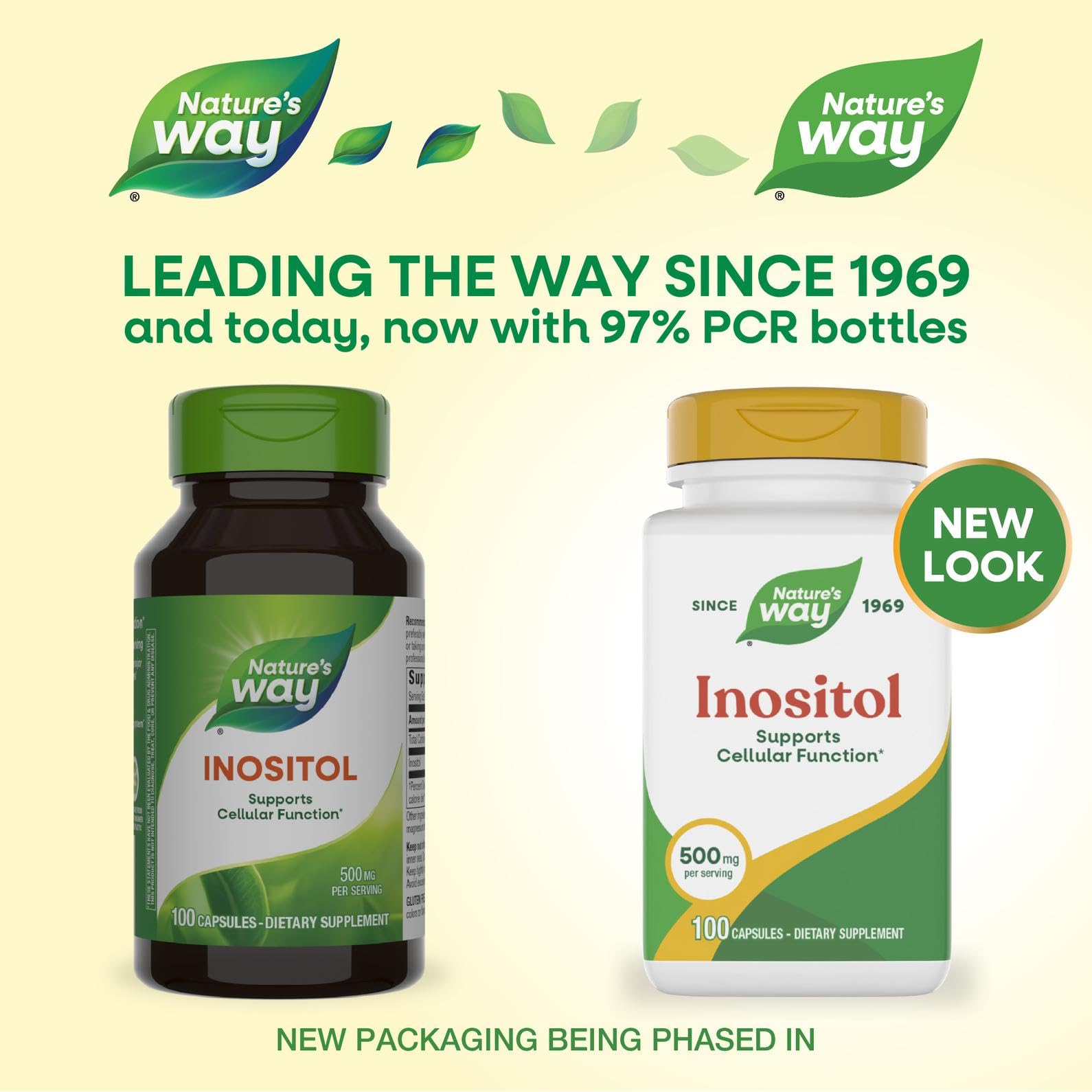 Cápsulas de Nature's Way Inositol, dosis de 500 mg por porción.
