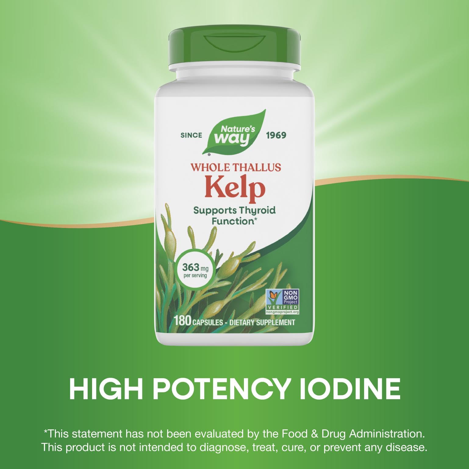 Nature's Way Kelp caja: presentación del producto con datos de origen.