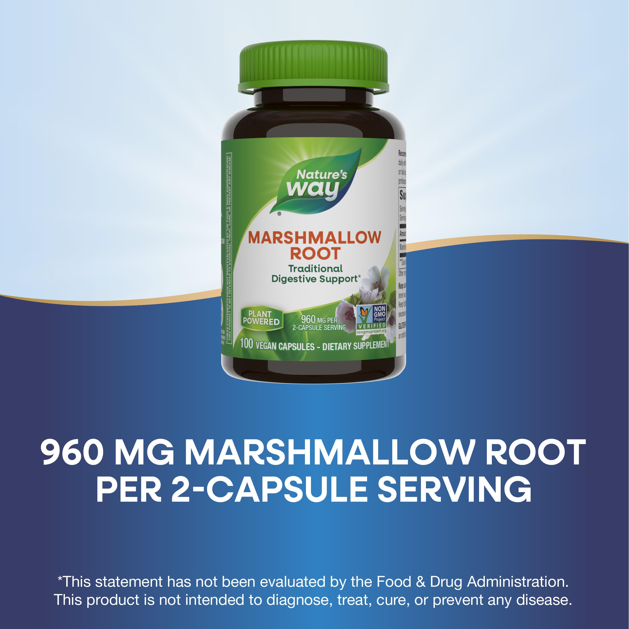 Nature's Way Raíz de Malvavisco: envase libre de gluten y lactosa para uso diario.