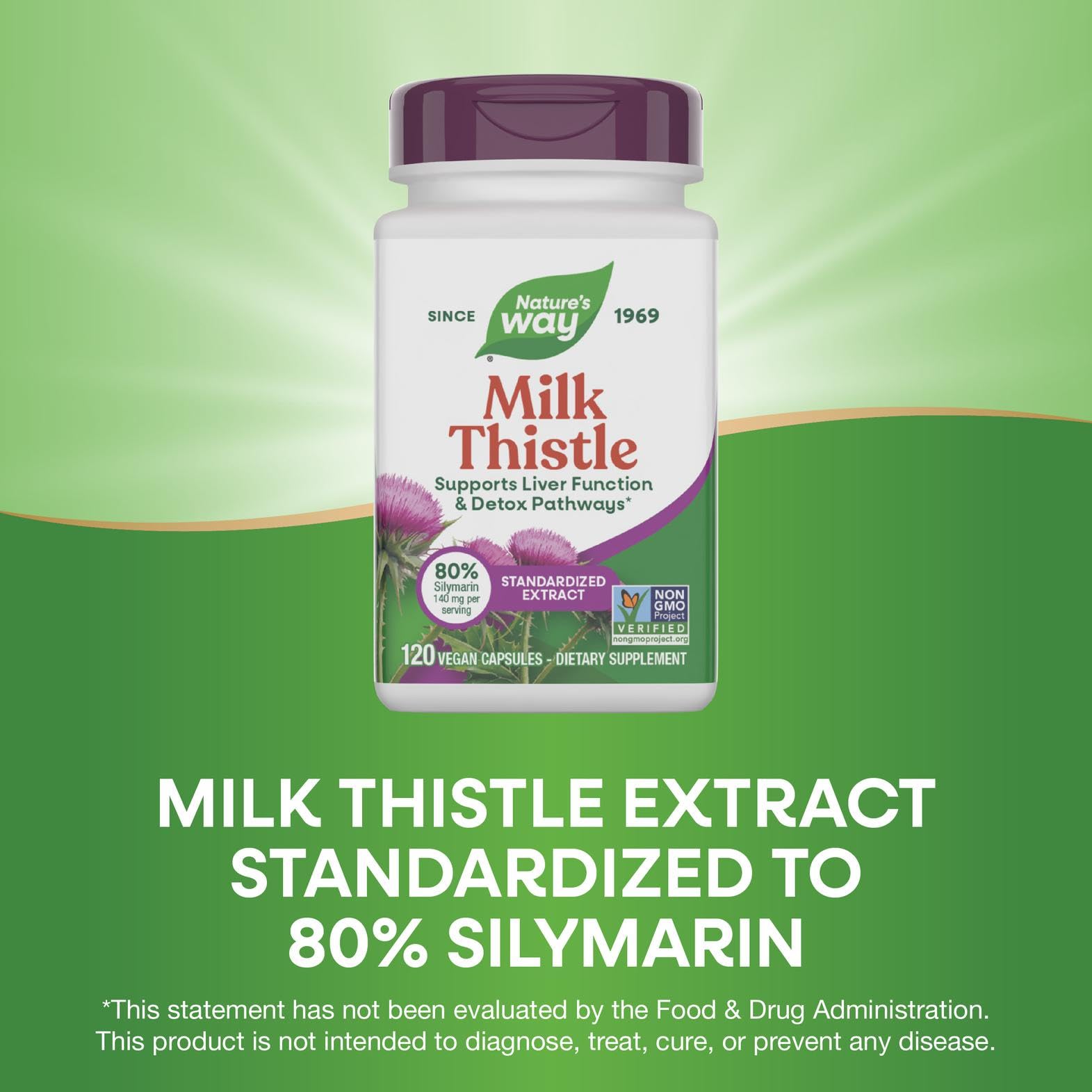 Cápsulas veganas libres de gluten de Nature's Way Milk Thistle para uso diario.