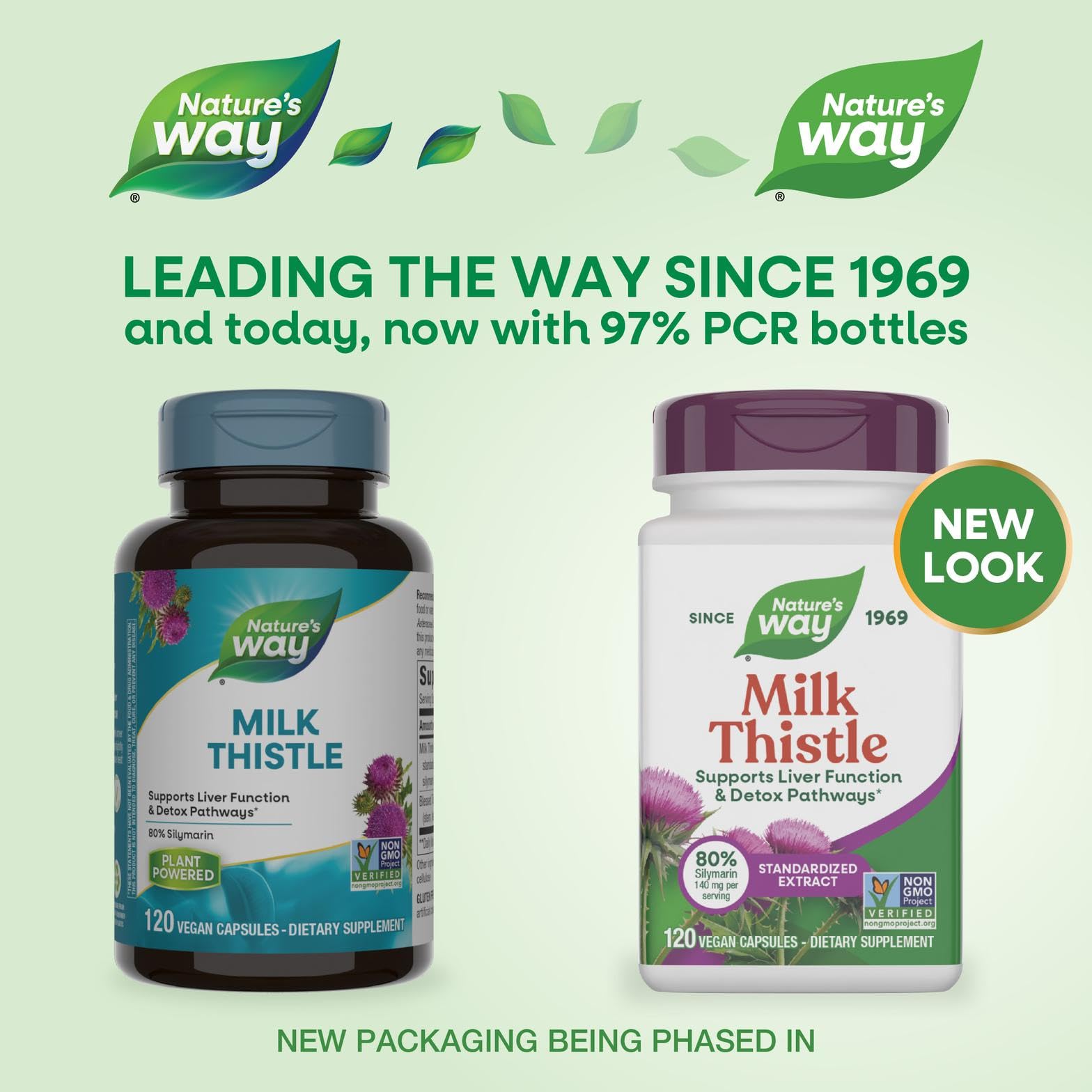 Nature's Way Milk Thistle muestra la dosis diaria recomendada en formato cápsulas con comida.