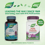 Nature's Way Milk Thistle muestra la dosis diaria recomendada en formato cápsulas con comida.