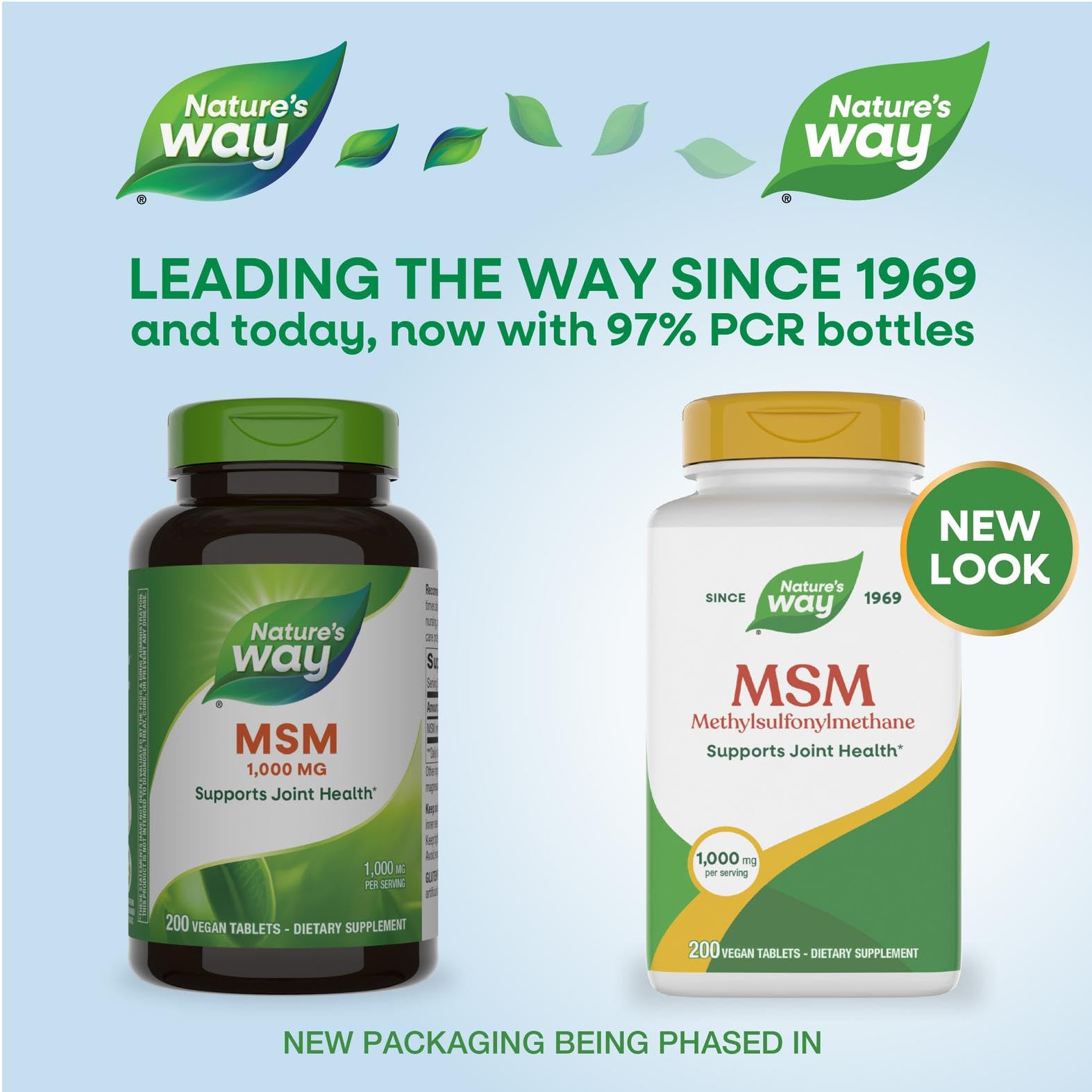 Nature's Way MSM 1000 mg cápsulas visibles en frasco para uso diario
