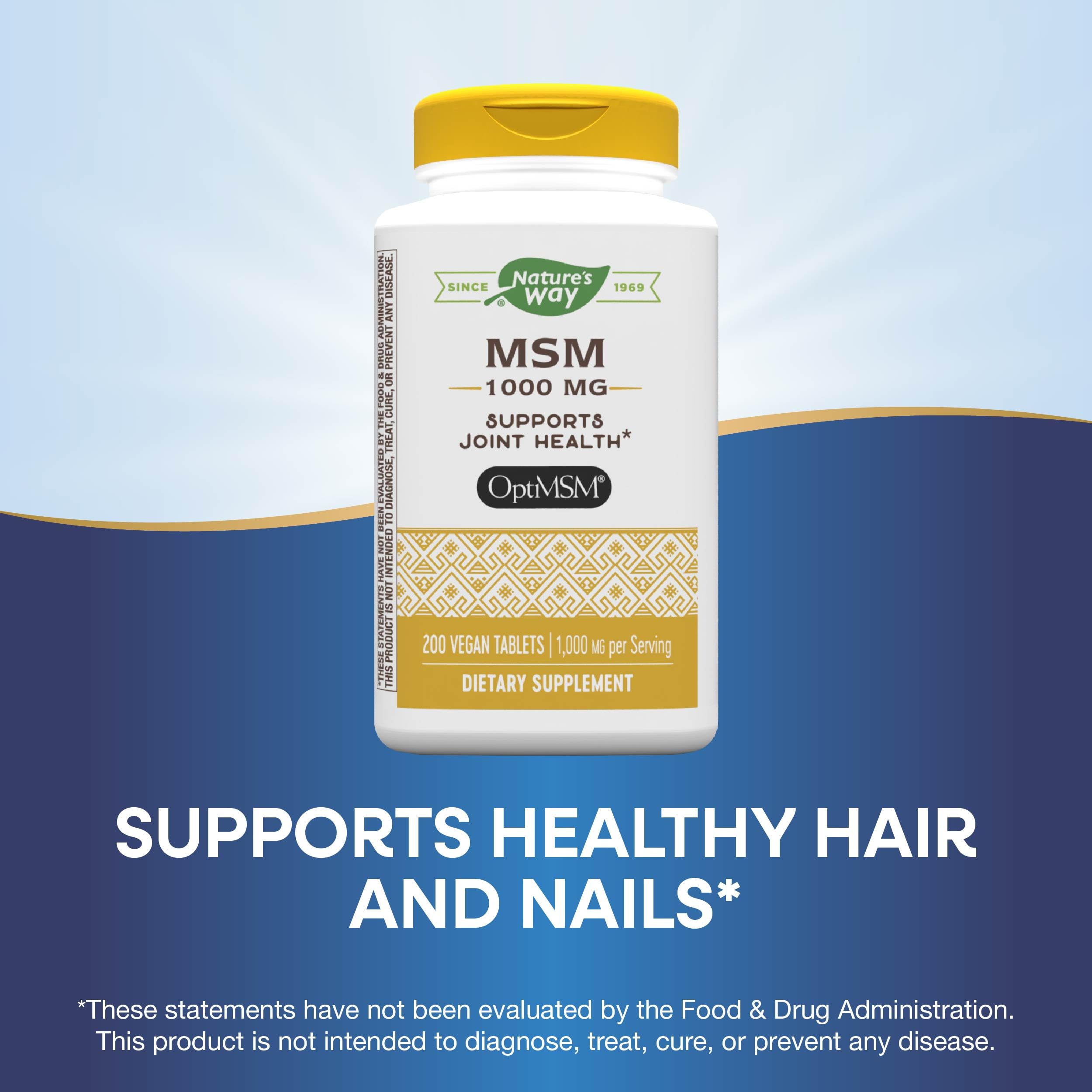 Nature's Way MSM 1000 mg: etiqueta detalle con información de pureza.