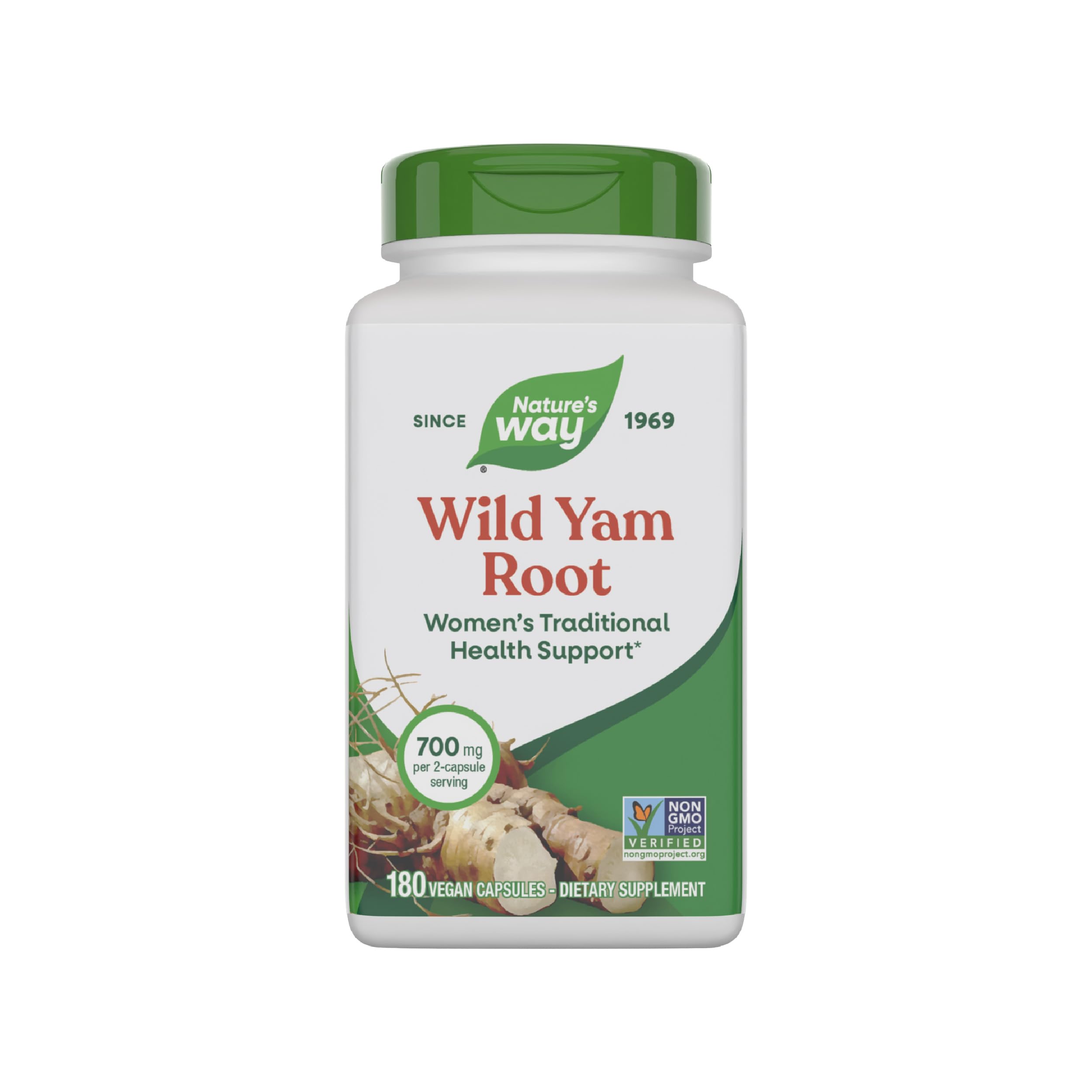 Nature's Way Ñame Silvestre: frasco con etiqueta clara, apoyo tradicional para la salud femenina.