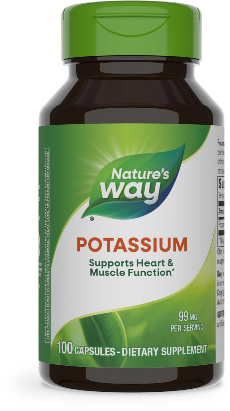 Nature's Way Potasio Complejo, botella, puede apoyar el equilibrio de electrolitos y la función muscular.