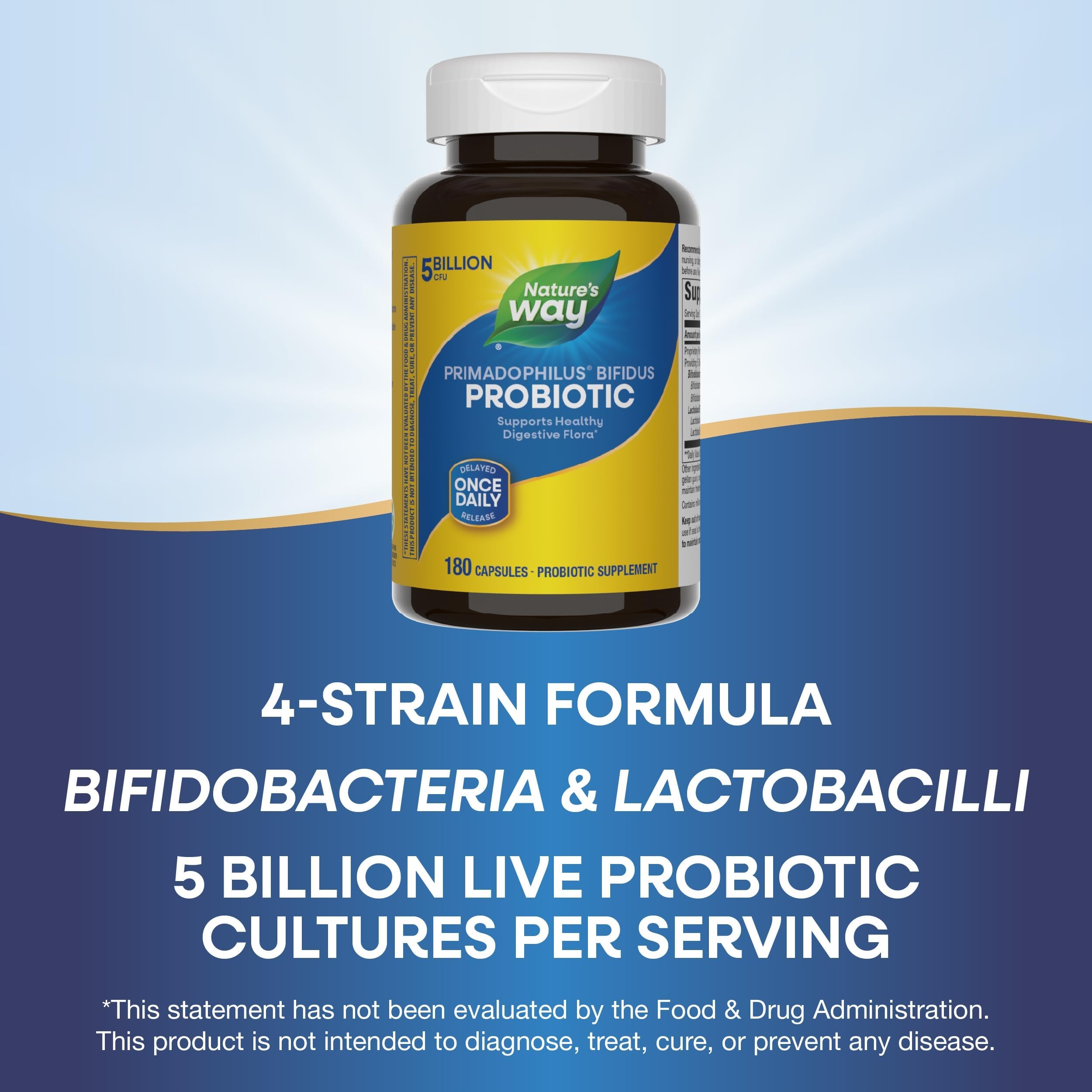 Nature's Way Primadophilus Bifidus caja, envase práctico para uso diario.