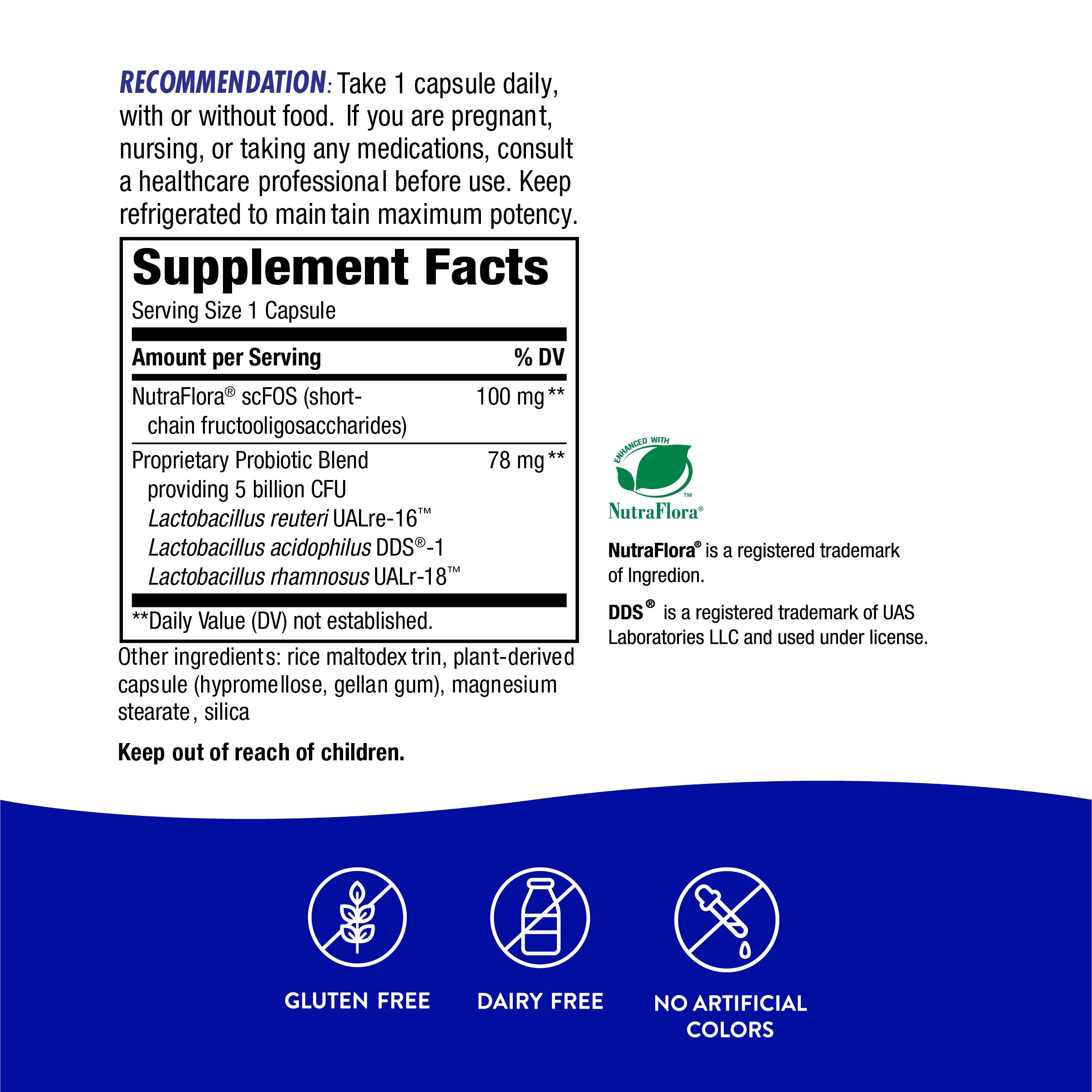 Nature's Way Primadophilus Reuteri: caja externa con ingredientes