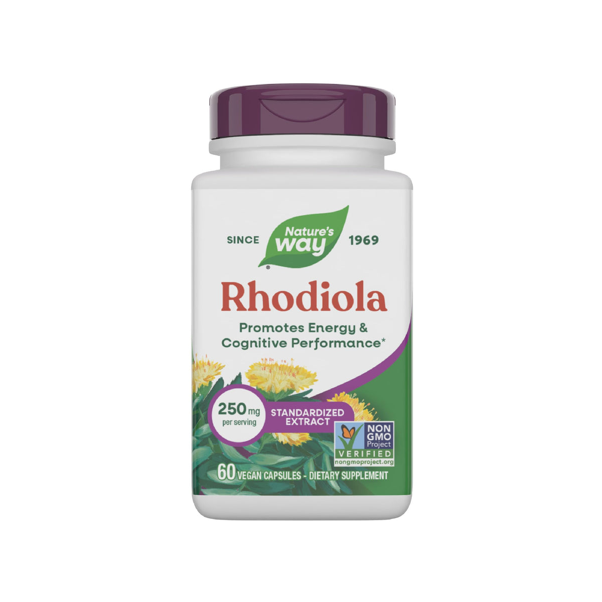 Nature's Way Rhodiola Premium Extract: frasco con cápsulas para energía diaria