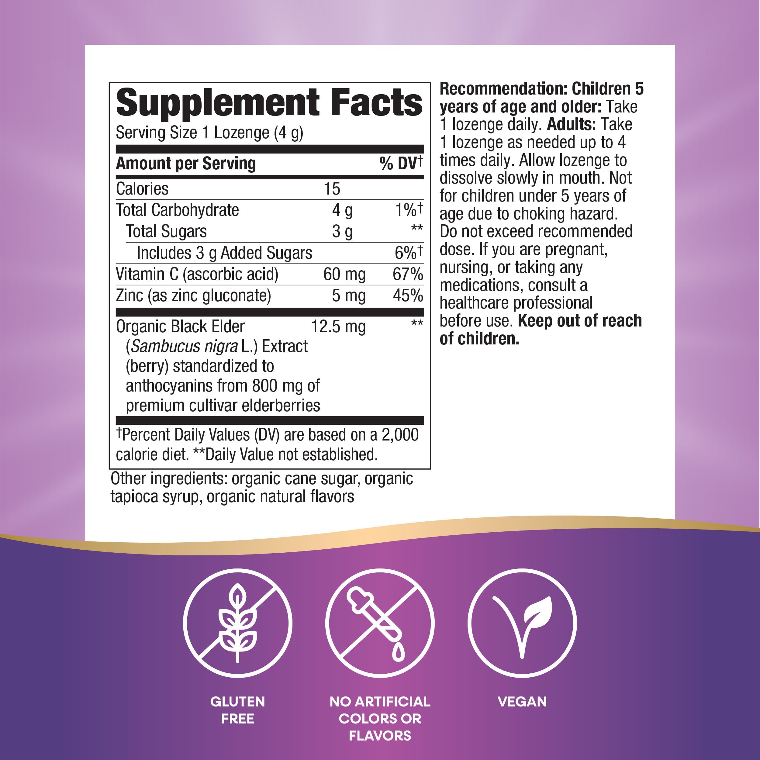Frente de la etiqueta, detalle de Extracto de Sauco y Vitamina C.
