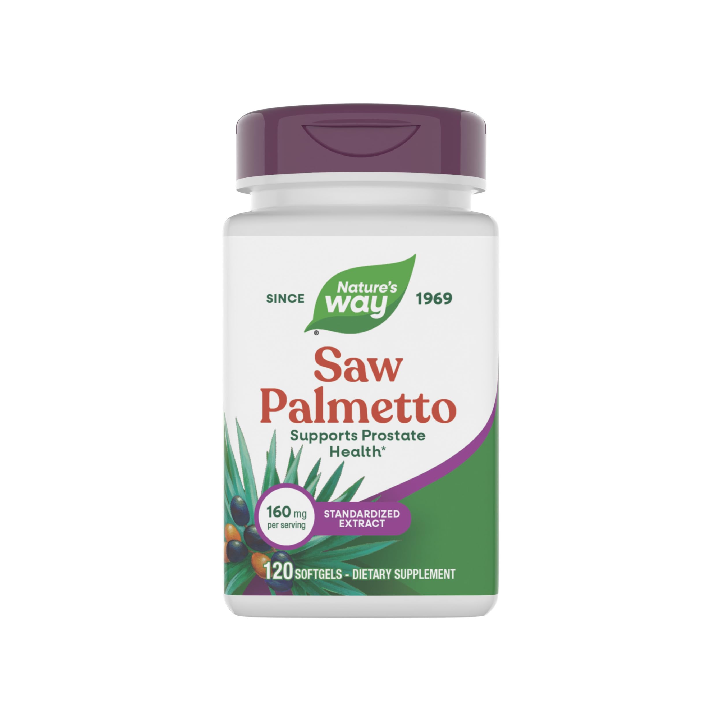 Nature's Way Saw Palmetto en botella, apoyo potencial para la salud prostática.