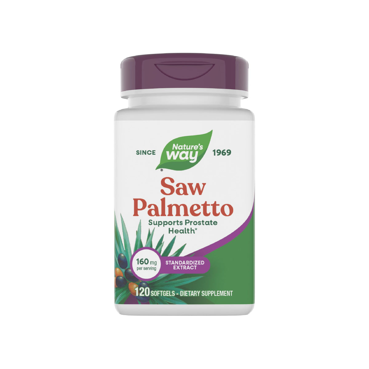Nature's Way Saw Palmetto en botella, apoyo potencial para la salud prostática.