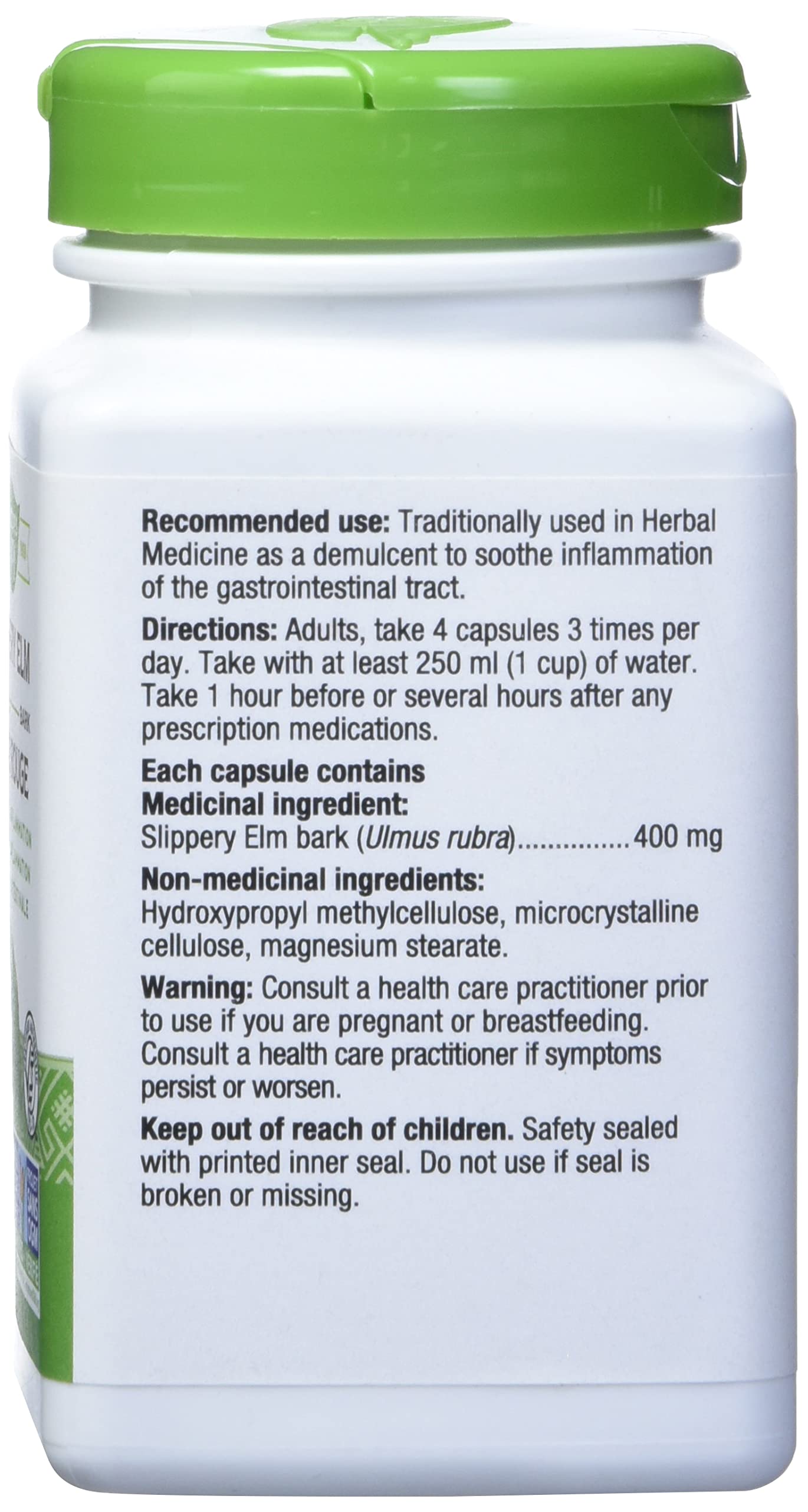Nature's Way Slippery Elm Bark, cápsulas vegetarianas verificadas sin OGM.