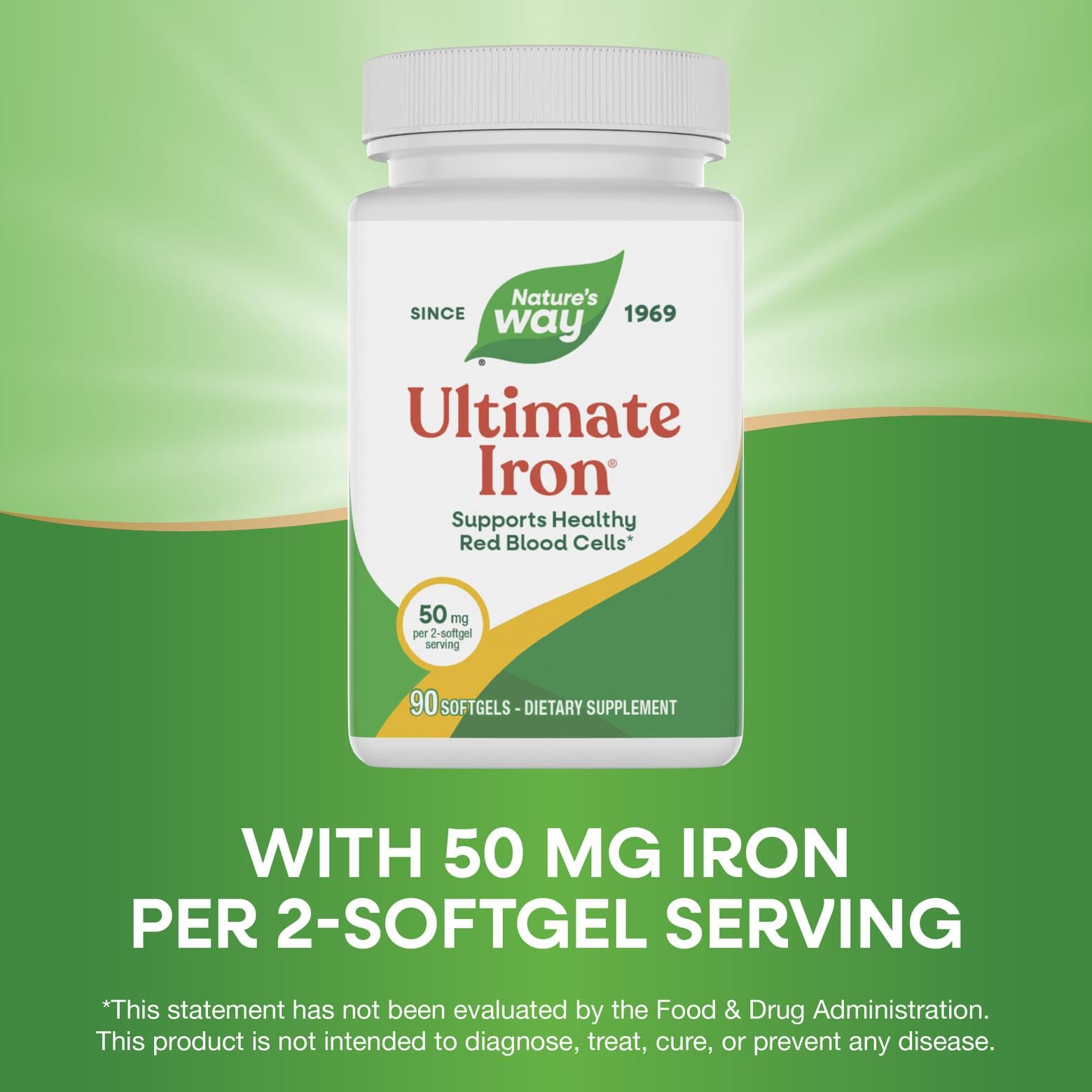 Nature's Way Ultimate Iron empaque frontal: diseño claro y práctico para la rutina diaria.