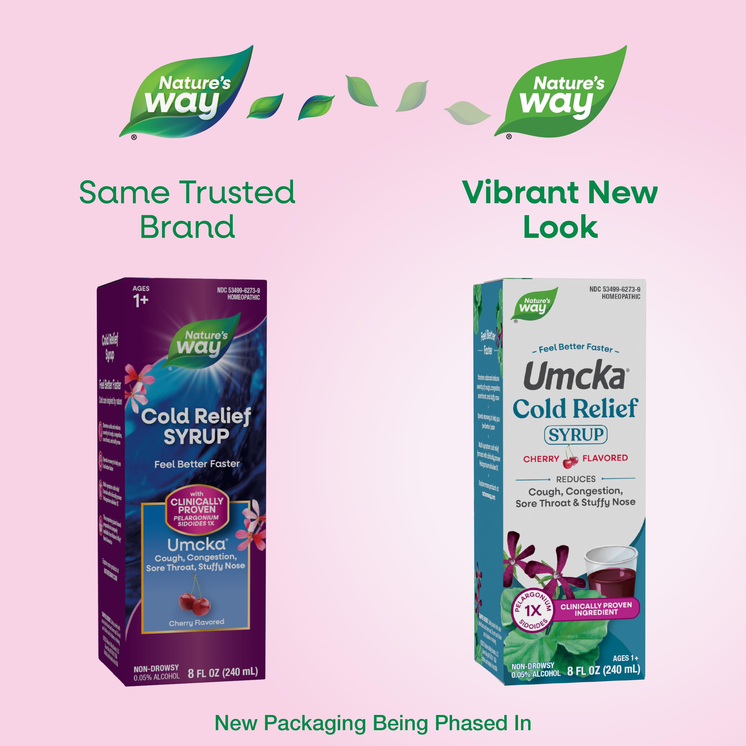 Nature's Way Umcka jarabe, etiqueta clara con dosis para adultos y niños