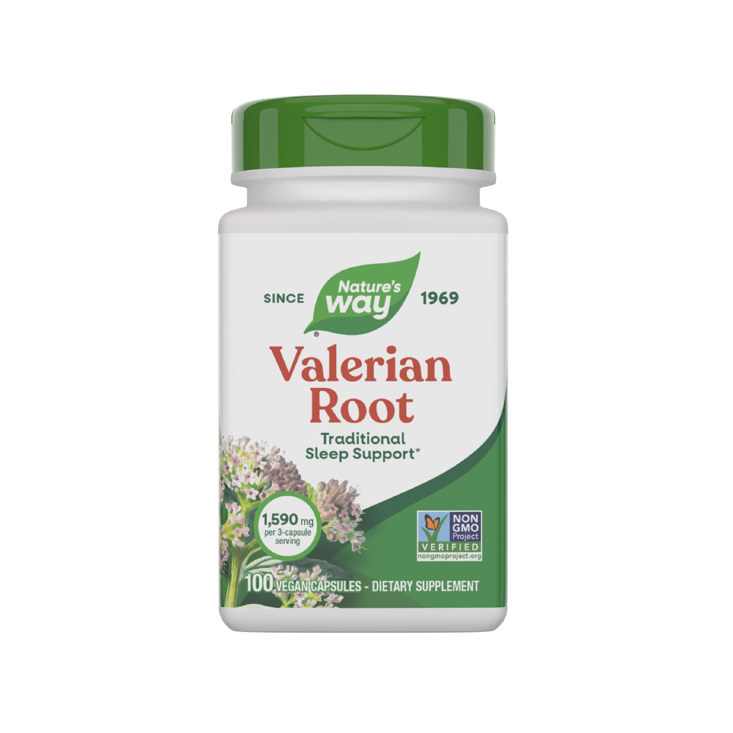 Nature's Way Valerian Root, frasco en mesita, ideal para rutina nocturna.