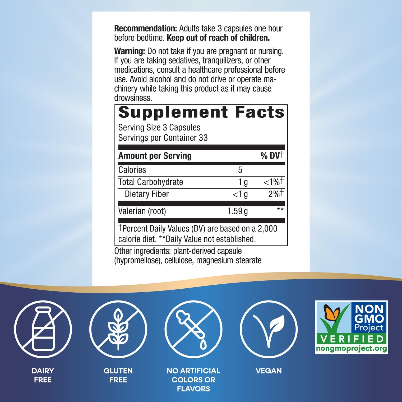 Nature's Way Valerian Root, apto para veganos y libre de gluten.