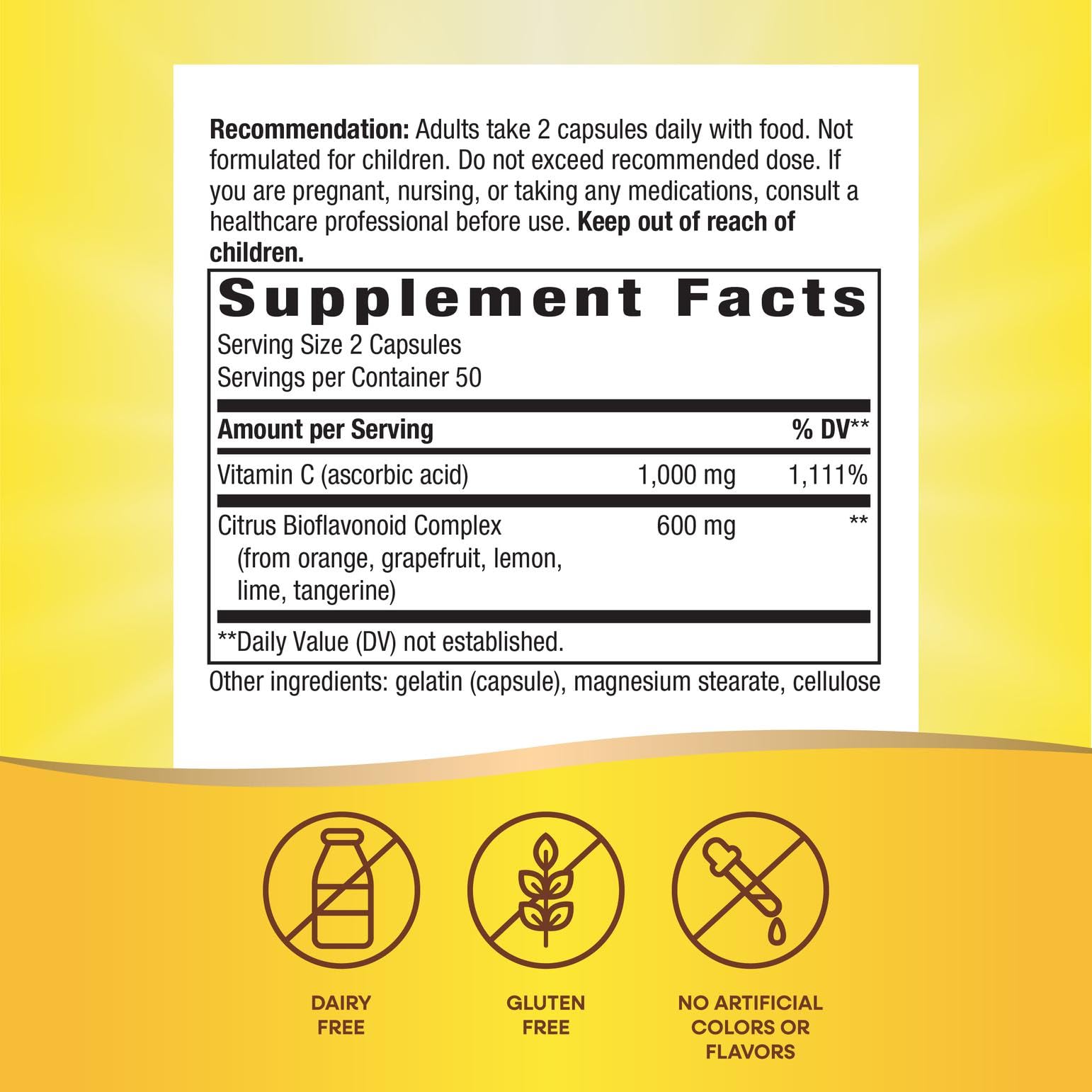 Nature's Way Vitamina C con Bioflavonoides, empaque de 100 cápsulas para uso prolongado.