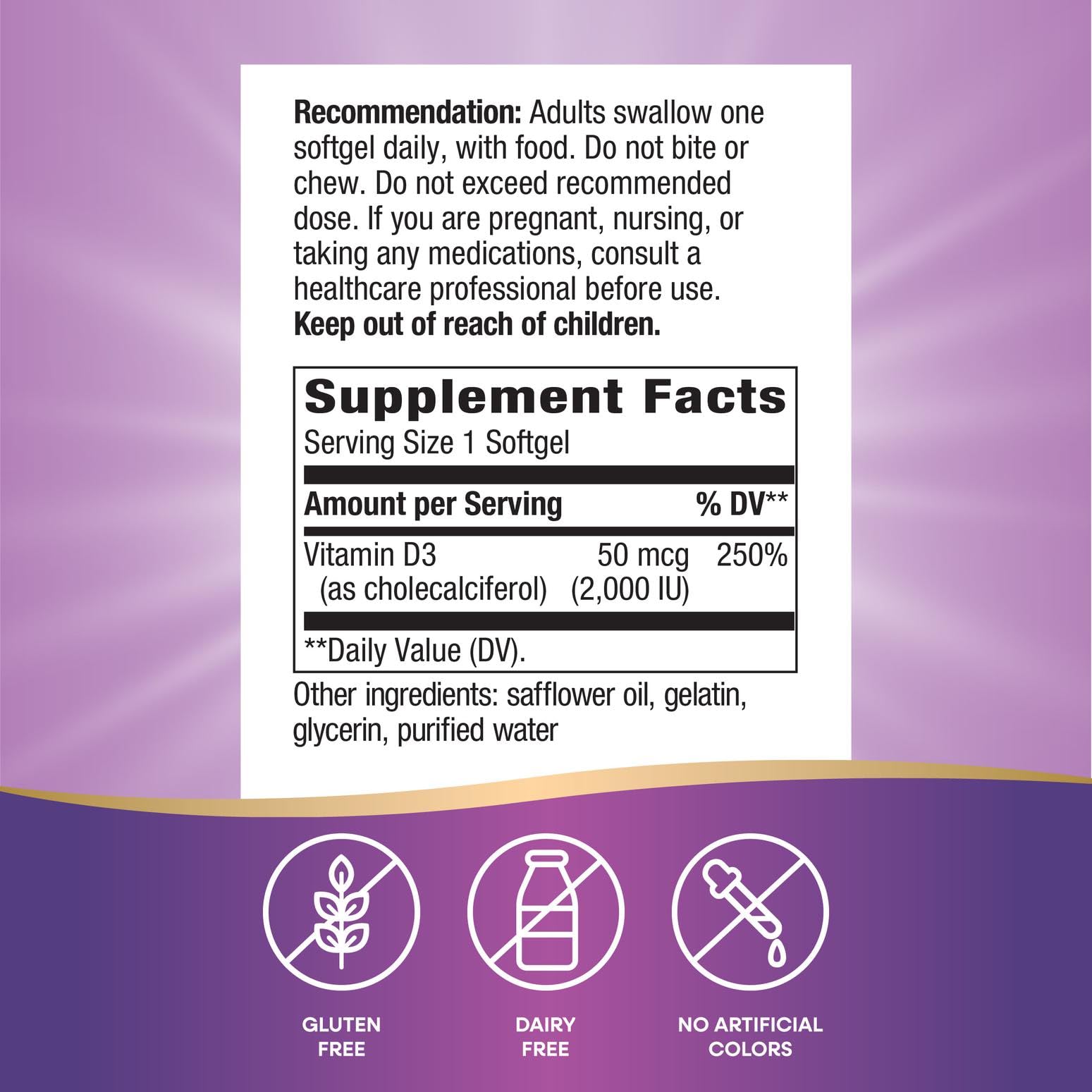 Nature's Way Vitamina D3 Extra Fuerza: envase libre de gluten para dietas sensibles.