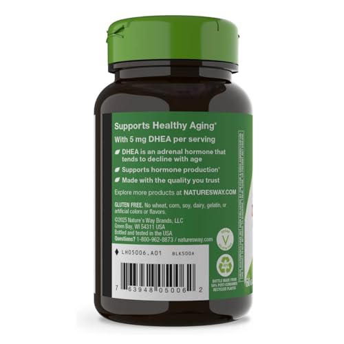 Nature's Way Youthful You DHEA 5 mg etiqueta vegana y sin gluten.